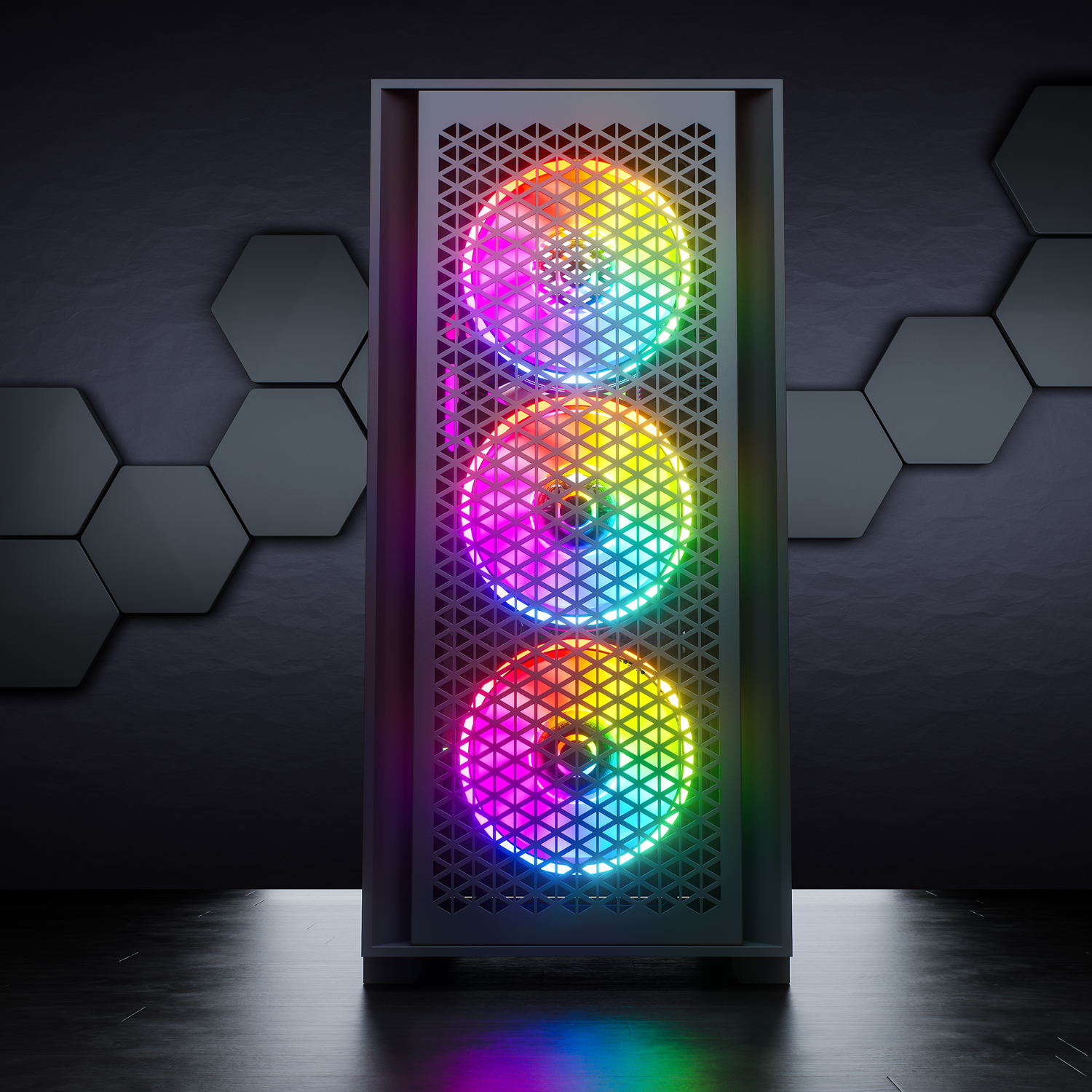 Ein schwarzes Computergehäuse mit drei RGB-Lüftern. Der Hintergrund ist dunkel mit sechseckigen Formen. Der Boden hat Reflexionen.