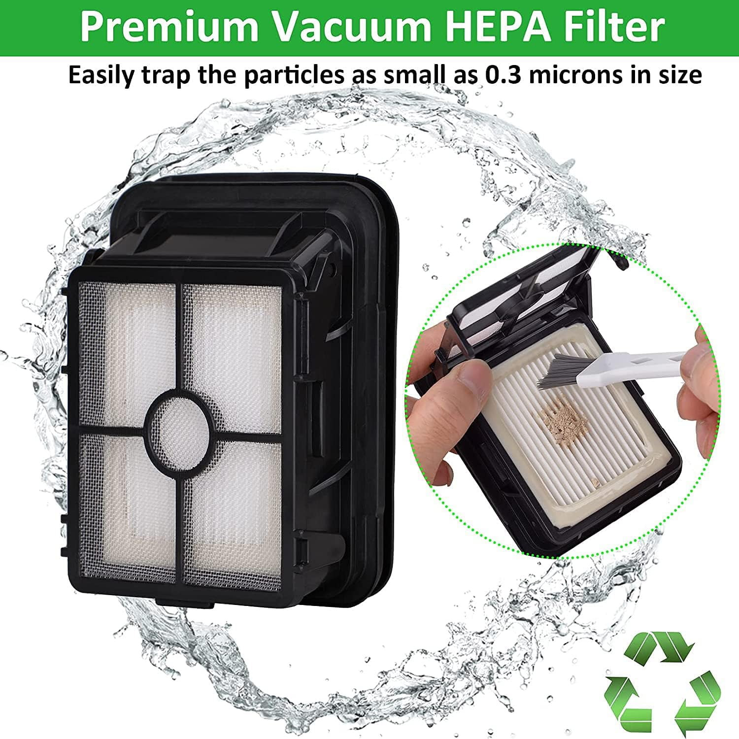 Vakuum-HEPA-Filter mit Wasserspritzer. Eine Hand reinigt einen Filter mit einer Bürste. Text: Premium Vacuum HEPA Filter.
