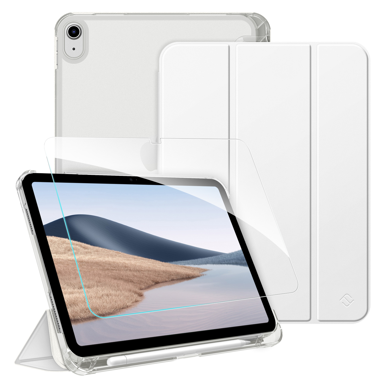 Ein iPad mit klarer Hülle, Displayschutzfolie und weißem Cover. Der Bildschirm zeigt eine Landschaft mit Hügeln und einem See.