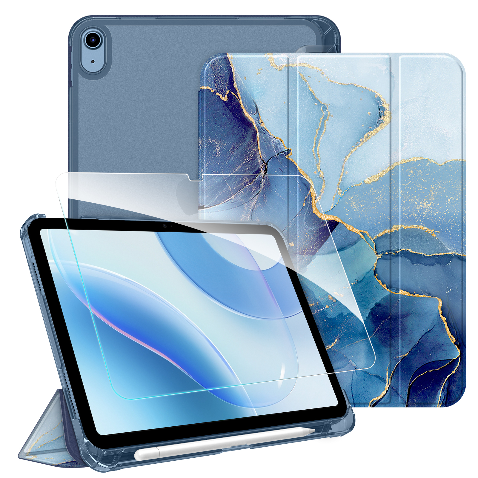 Tablets mit Hüllen und Displayschutzfolien. Blaue, transparente und Marmordesigns sind sichtbar. Auch ein Stift ist vorhanden.