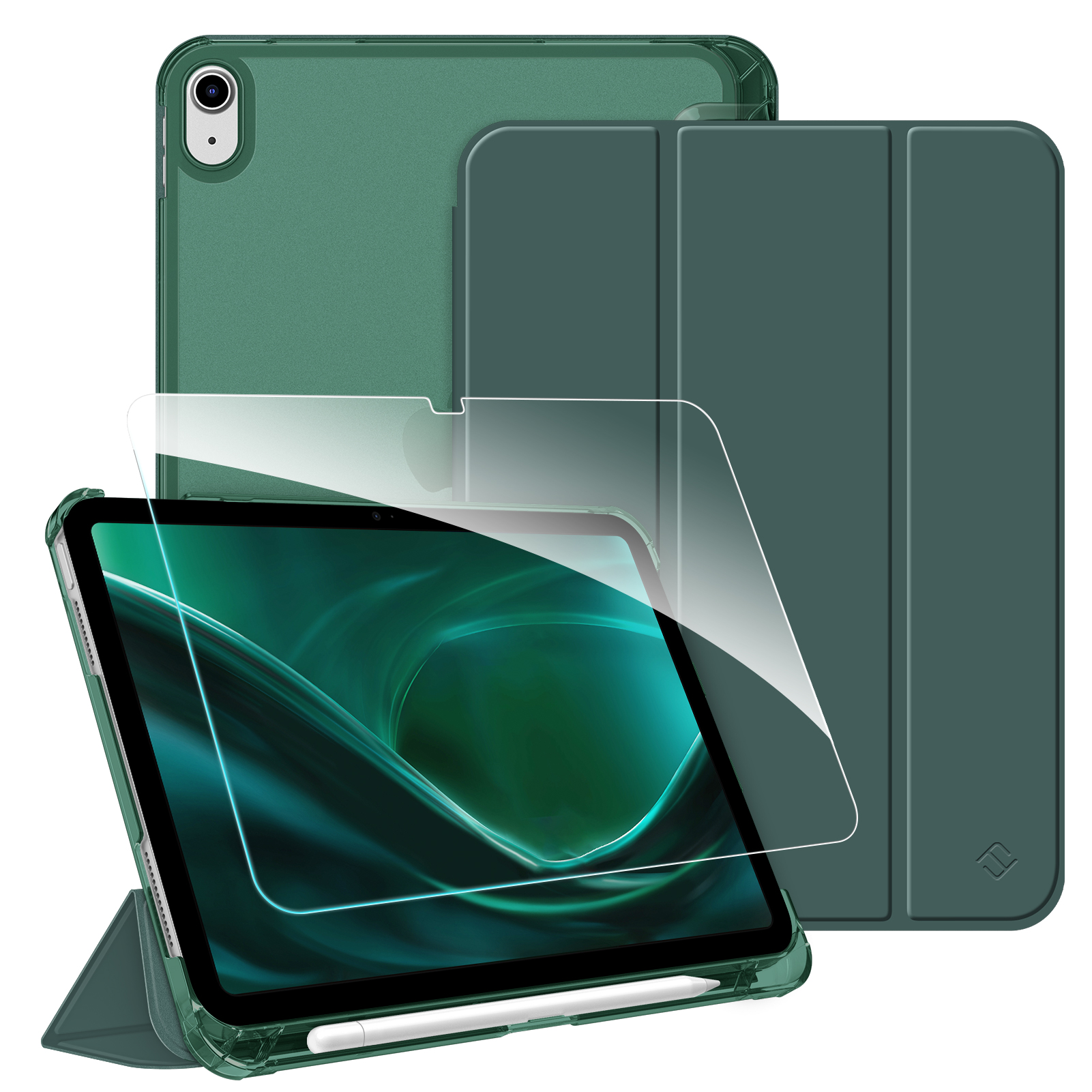 Ein iPad mit grüner Hülle und Displayschutzfolie. Zubehör umfasst einen Stift und eine Schutzhülle, alles in Grüntönen.