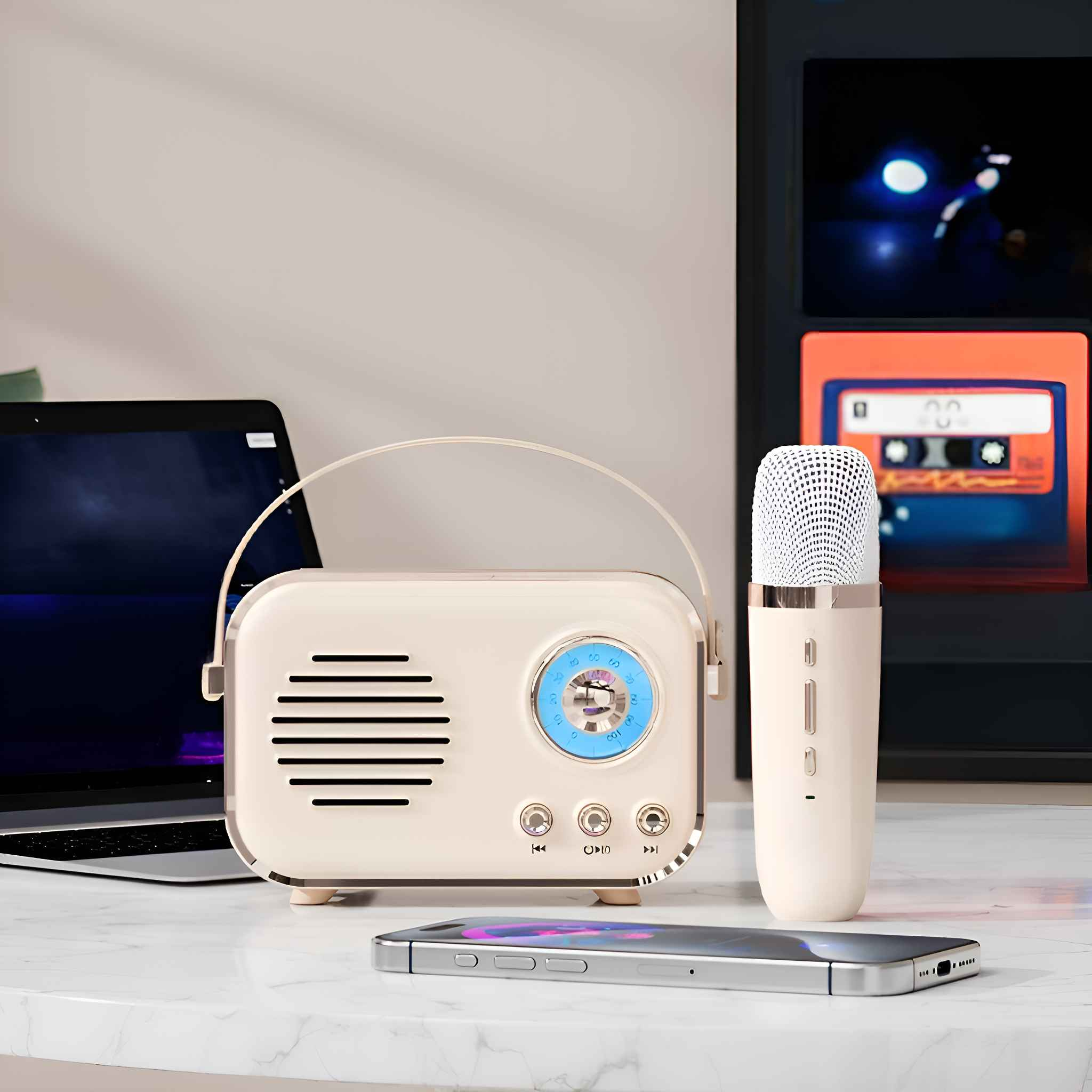 Beige Retro-Radio, Mikrofon, Telefon auf Marmor. Ein Laptop und ein Bildschirm mit Retro-Kassette sind im Hintergrund.