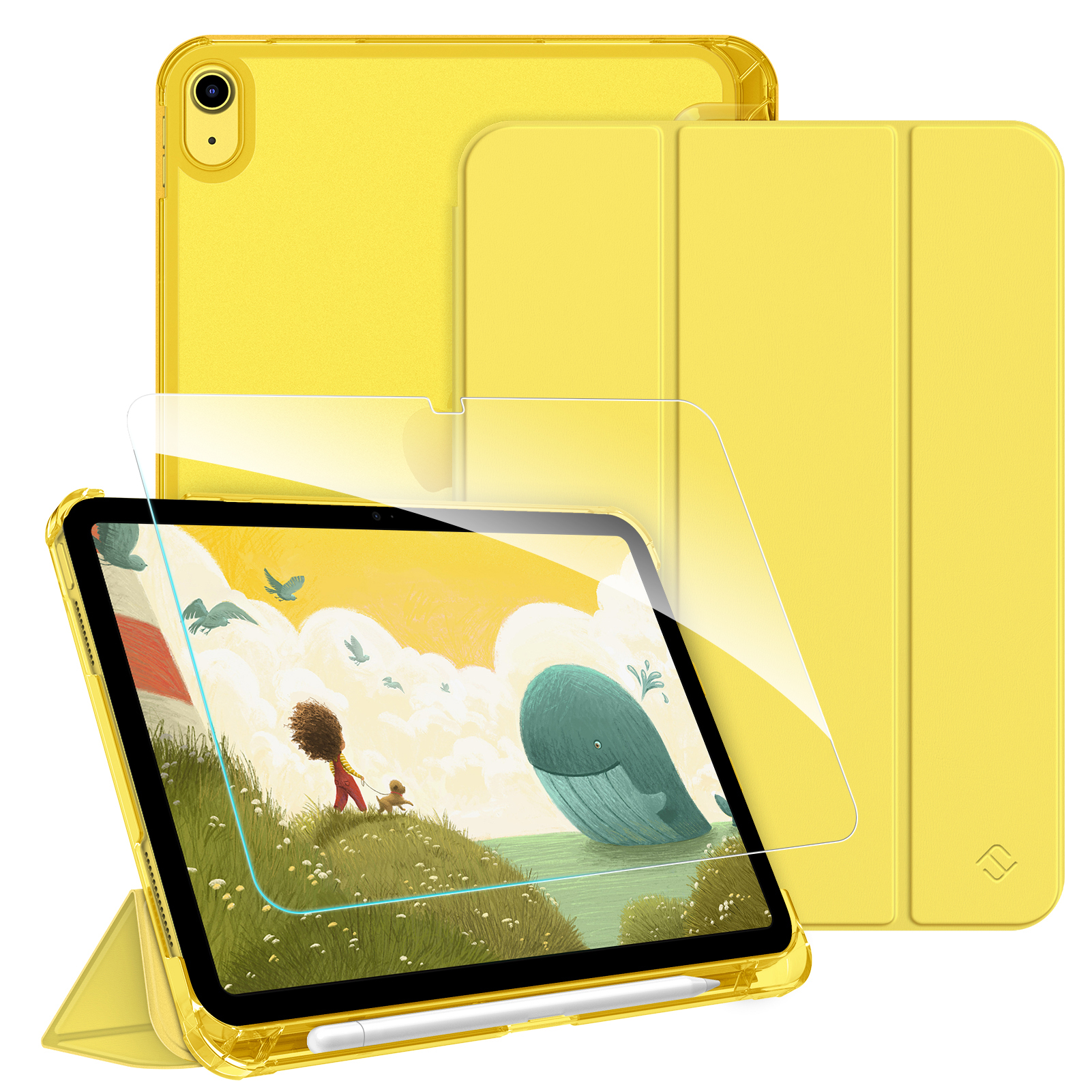 Gelbe iPad-Hülle, Displayschutzfolie und iPad mit einer Cartoon-Szene einer Person, eines Hundes und eines Wals in der Nähe von Wasser.