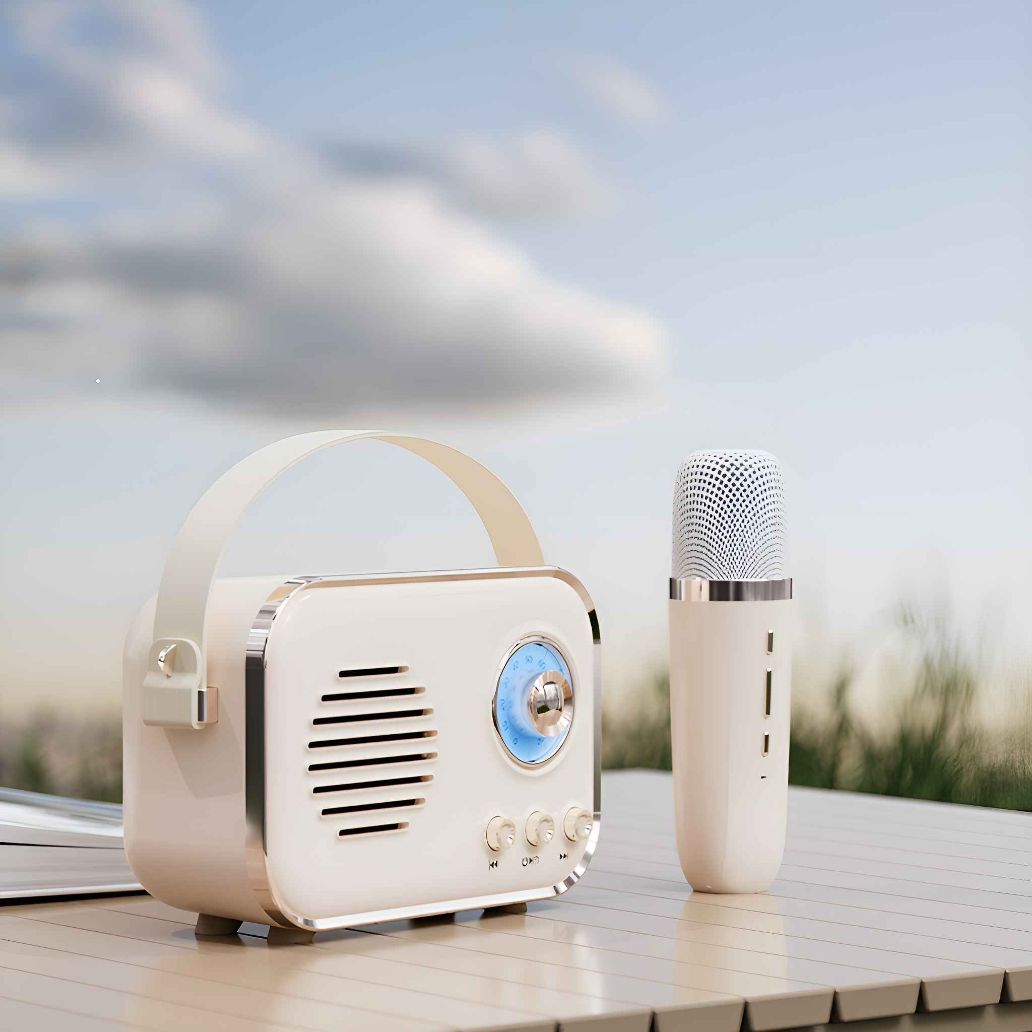 Ein cremefarbenes Retro-Radio und ein Mikrofon stehen auf einer Holzoberfläche. Der Hintergrund zeigt einen verschwommenen Himmel und grünes Laub.