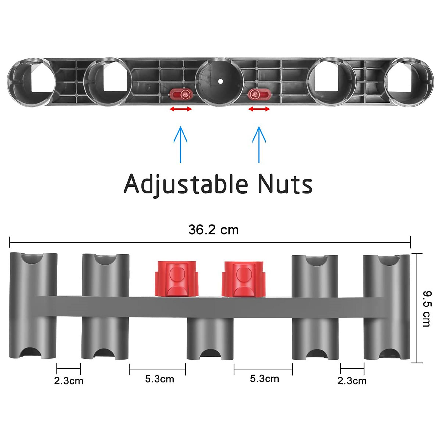 Graues Kunststoffwerkzeug mit verstellbaren roten Muttern. Abmessungen sind beschriftet. Text lautet 'Adjustable Nuts' und Maße in cm.