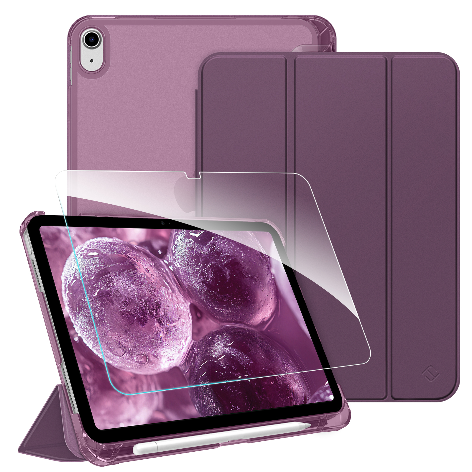 Ein iPad mit lila Hülle, Displayschutzfolie und Stift. Die Hülle ist offen, und der Bildschirm zeigt ein lila Bild.