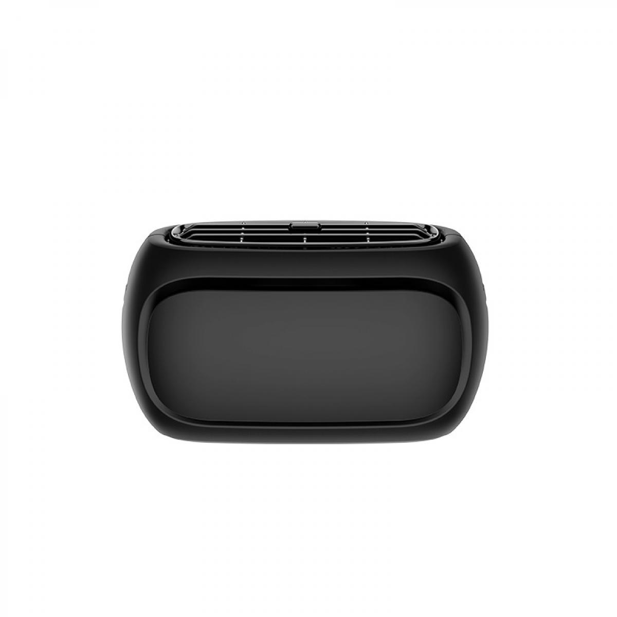 Ein schwarzes, oval geformtes Gerät mit einem Grill oben. Der Hintergrund ist schlicht weiß. Das Gerät ist wahrscheinlich ein Luftreiniger.