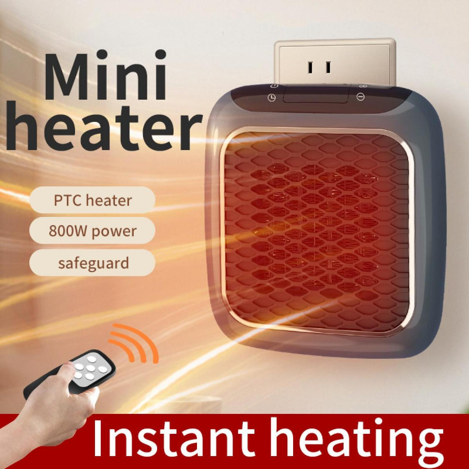 Ein Mini-Heizgerät, das an eine Steckdose angeschlossen ist. Eine Hand hält eine Fernbedienung. Der Text lautet: Sofortiges Heizen, PTC-Heizung, 800 W Leistung, Schutz.