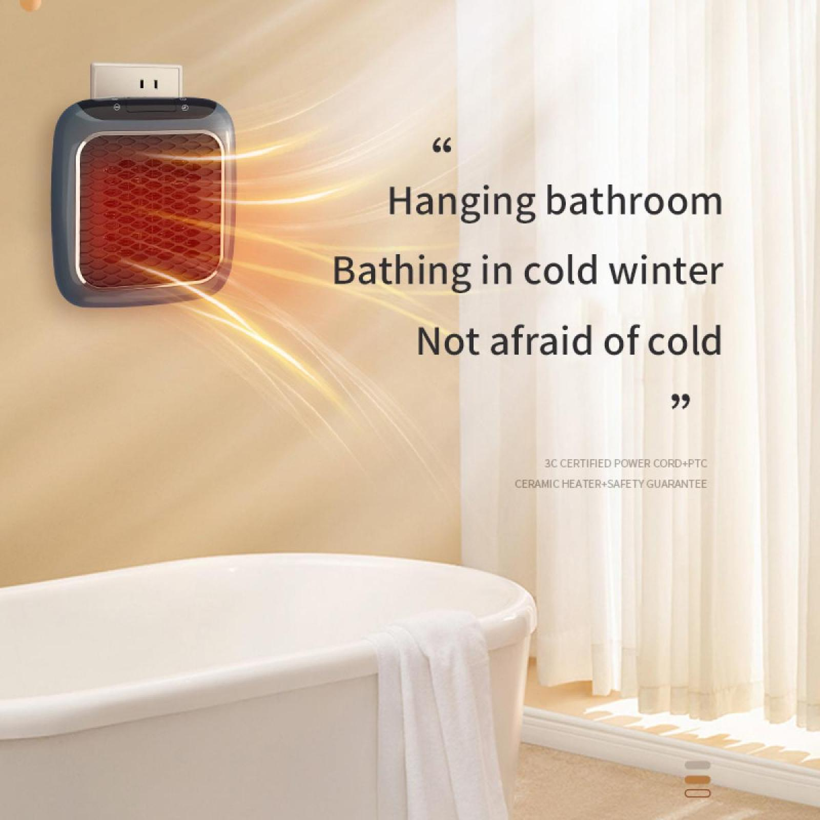 Ein kleiner Wandheizer mit orangefarbenem Glühen über einer Badewanne. Text: Hängendes Badezimmer, Baden im kalten Winter.