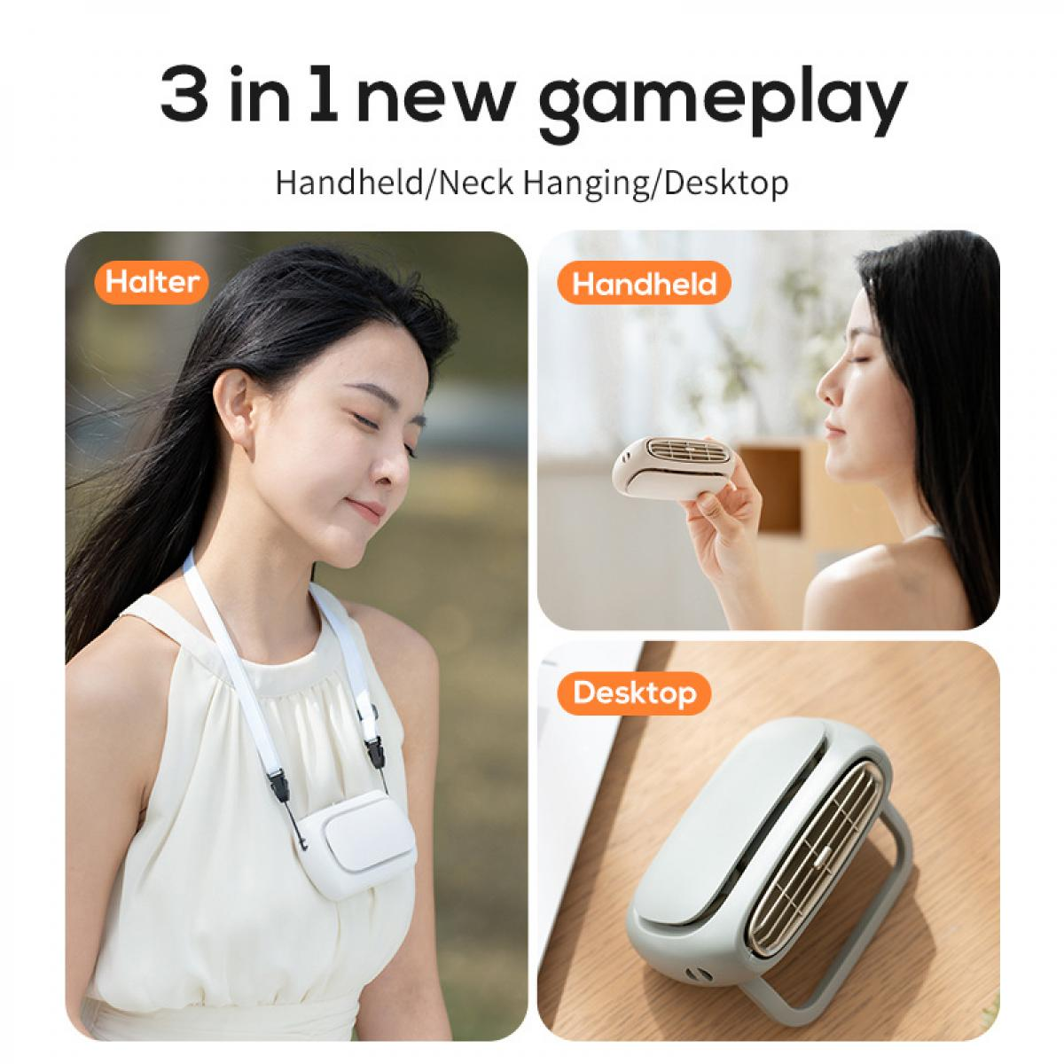 Das Bild zeigt einen 3-in-1-Lüfter: Halter, Handheld und Desktop. Frauen demonstrieren jede Anwendung. Textüberlagerungen heben jeden Modus und Produktnamen hervor.