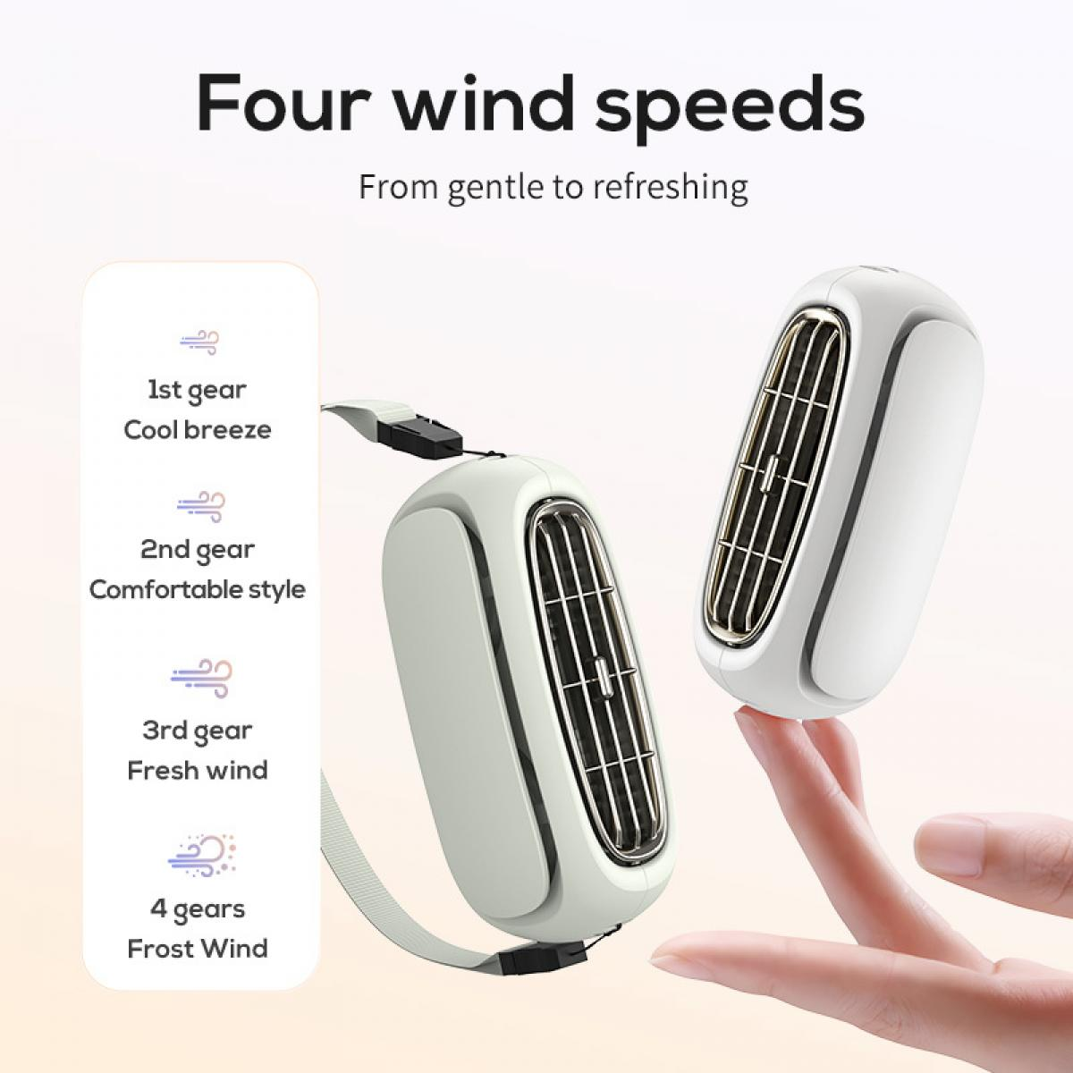 Zwei weiße und goldene tragbare Ventilatoren. Einer wird von einem Finger gehalten. Text zeigt vier Windgeschwindigkeiten.