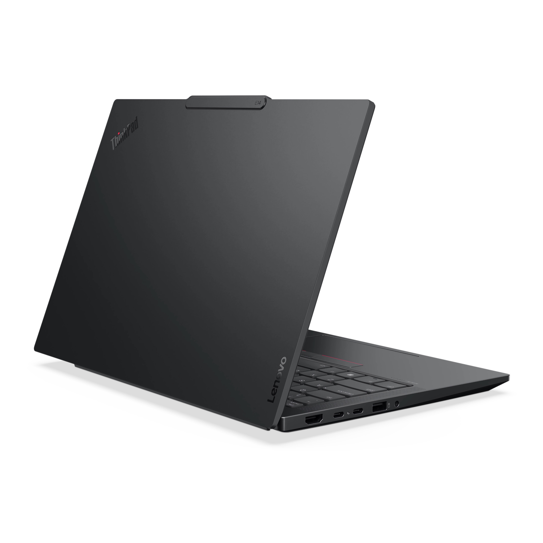 Schwarzer Lenovo ThinkPad Laptop. Der Bildschirm ist geöffnet und zeigt die Tastatur und Anschlüsse. Das ThinkPad-Logo ist auf dem Deckel.
