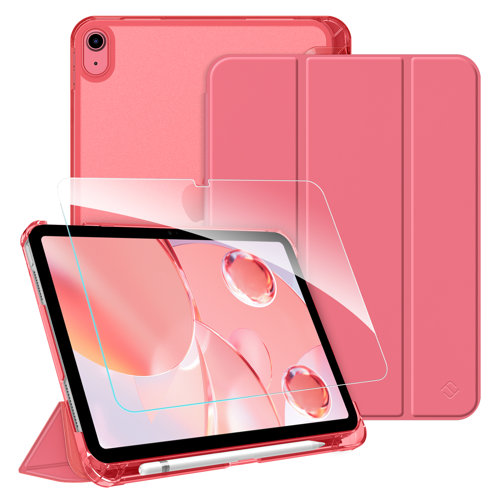 Rosa iPad mit Hülle, Displayschutz und Abdeckung. Ein Stift liegt in der Nähe des Bildschirms. Das iPad ist aufgestellt.