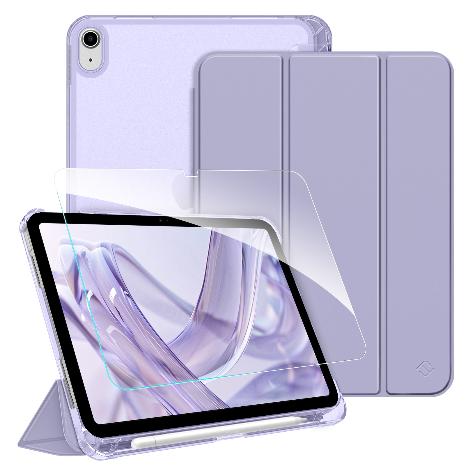Ein lila Tablet mit transparenter Hülle, Displayschutzfolie und Stift. Hülle und Abdeckung sind sichtbar, mit weißem Hintergrund.