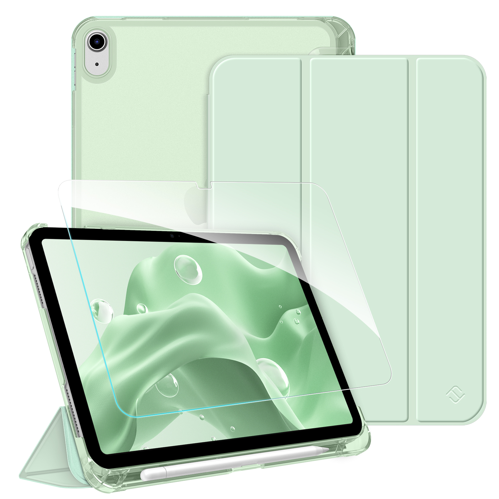 Ein mintgrünes Tablet mit Displayschutz, Hülle und Abdeckung. Der Bildschirm zeigt ein grünes abstraktes Design. Ein Stift ist sichtbar.