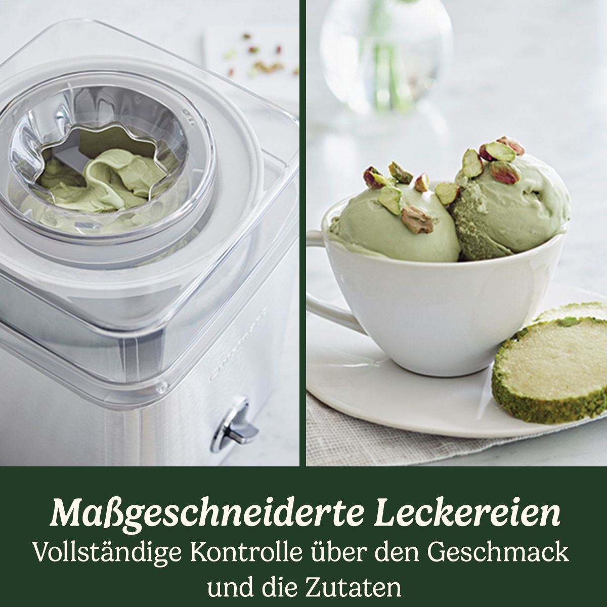 Pistazieneis in einer Tasse, Kuchenstück mit Nüssen, Eismaschine. Grüne und weiße Farben.