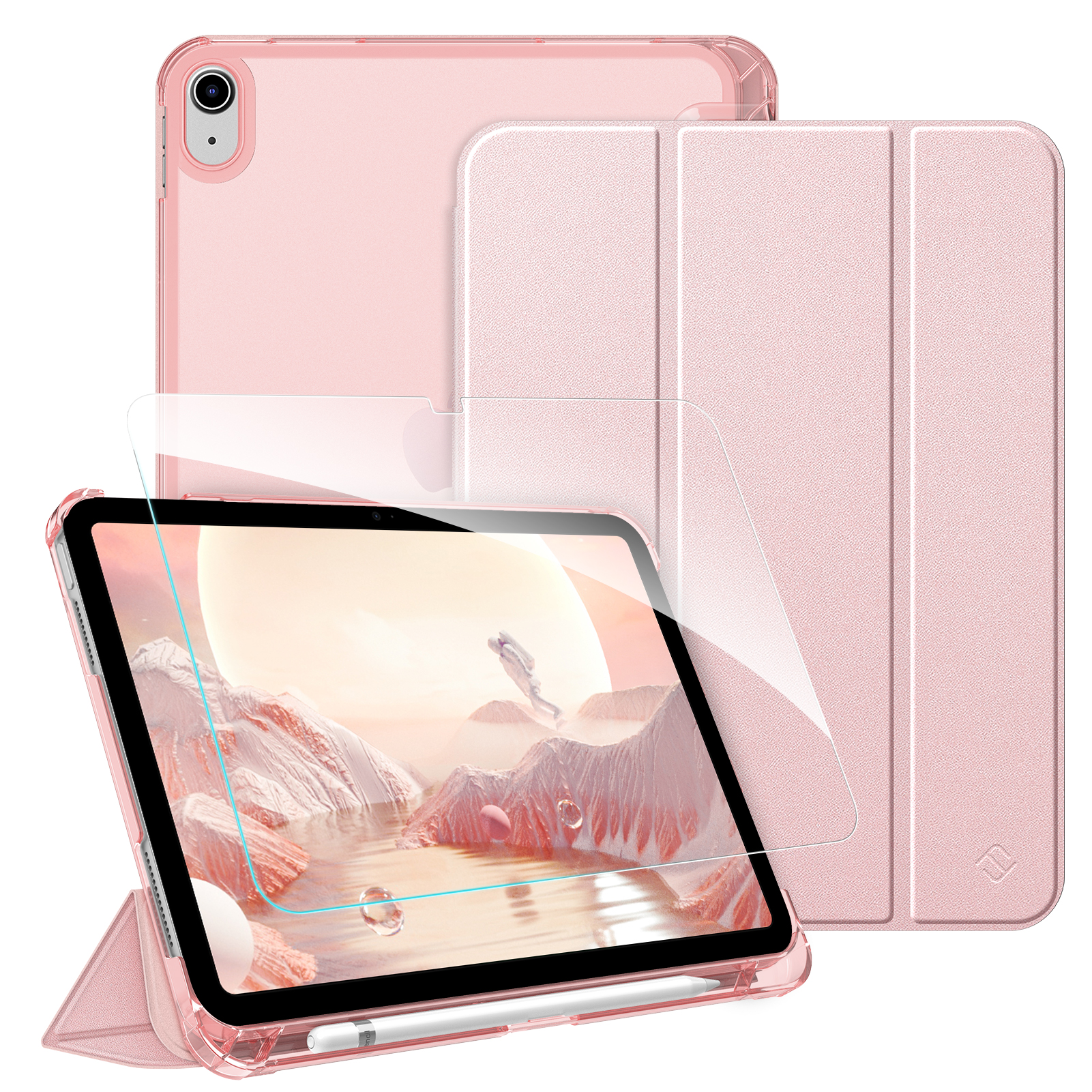 Rosa iPad-Hülle mit Displayschutzfolie, geöffnet, um den Bildschirm freizulegen, und einer geschlossenen Abdeckung. Der Bildschirm zeigt eine Landschaft mit einem Astronauten.