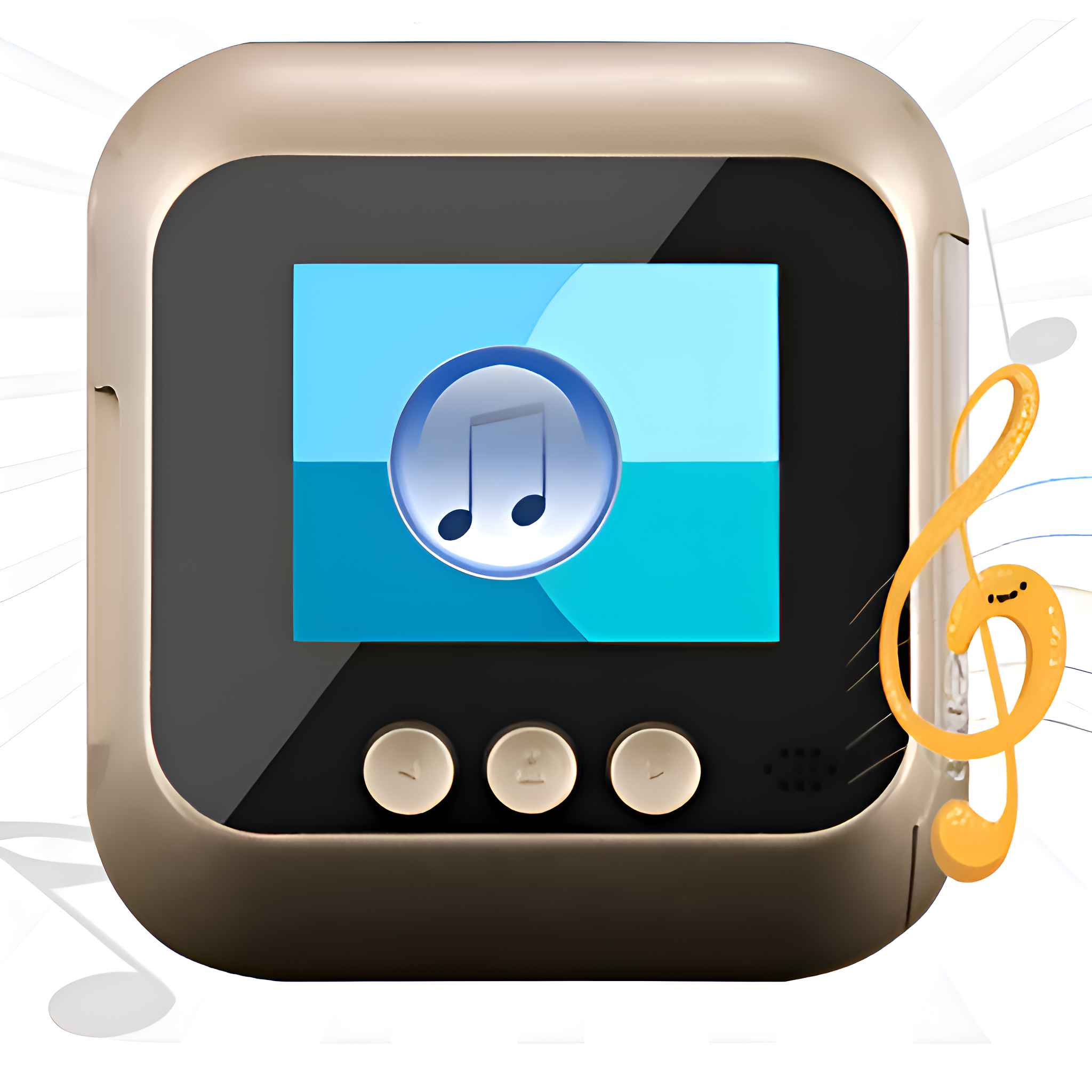 Ein goldfarbener MP3-Player mit einem Bildschirm, der ein Notensymbol anzeigt. Ein Violinschlüssel und Noten sind rechts.