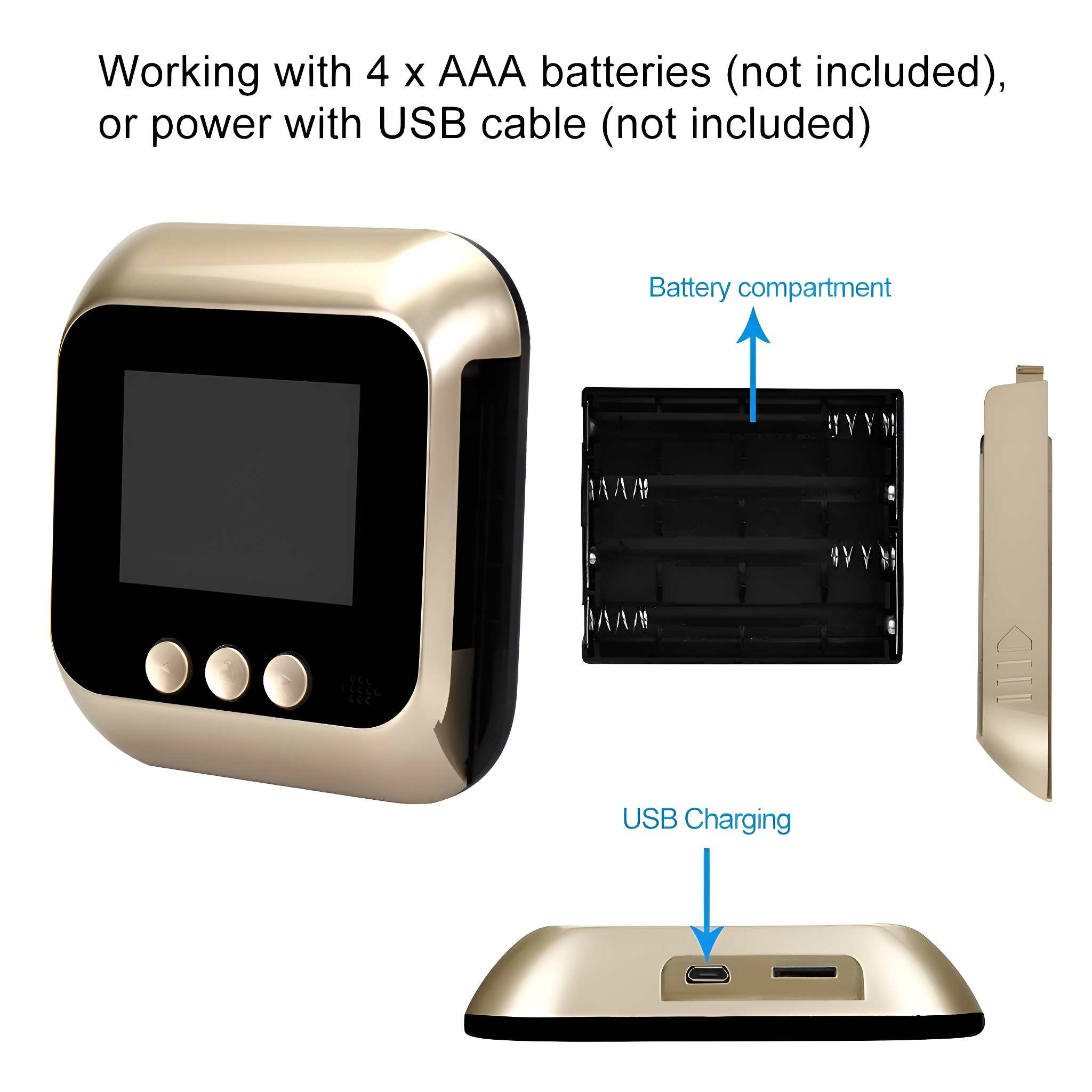 Goldenes Gerät mit Bildschirm, Knöpfen, Batteriefach und USB-Ladeanschluss. Text zeigt Batterie- oder USB-Stromoptionen.