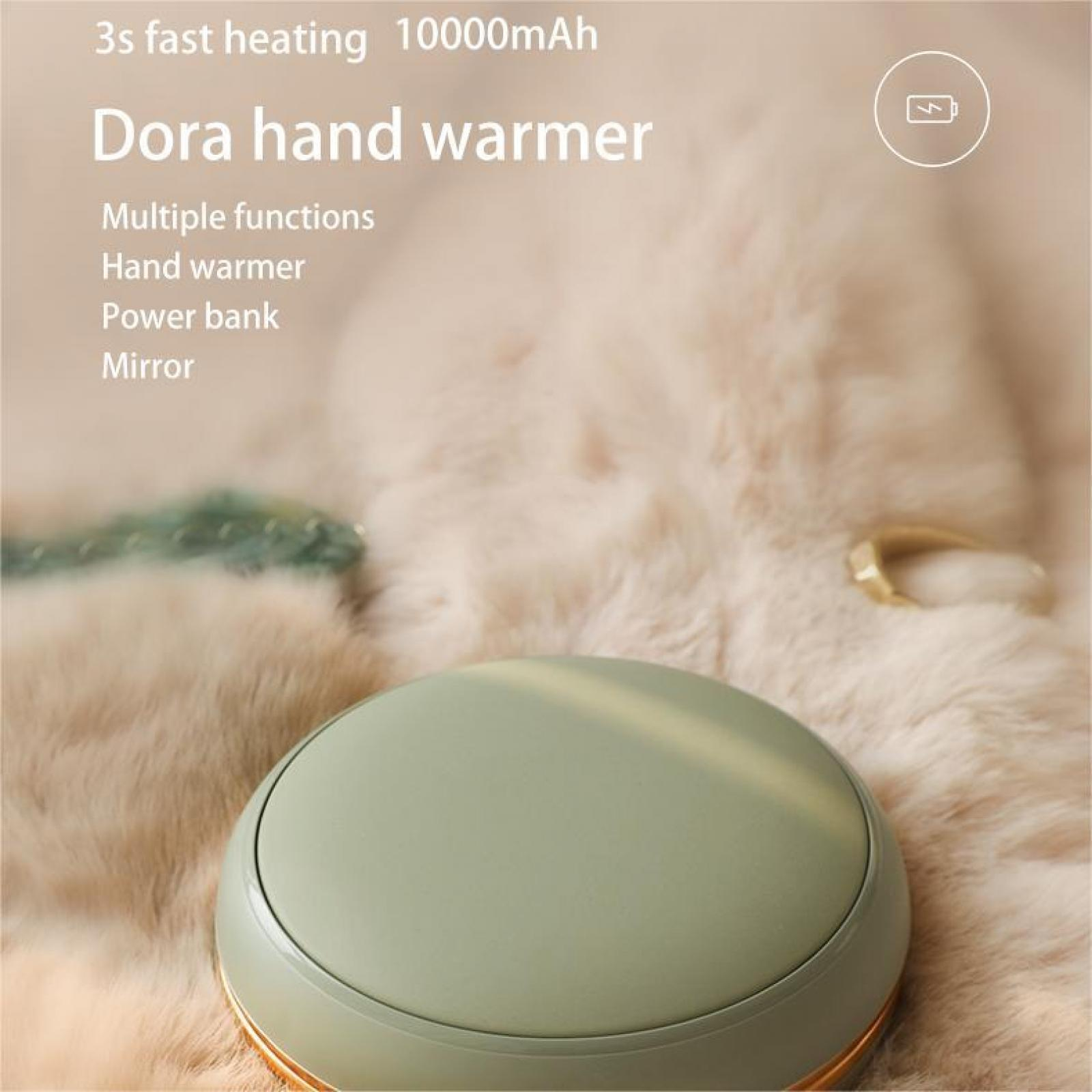 Ein Handwärmer mit einem grünen Deckel und einem flauschigen Hintergrund. Der Text oben lautet 'Dora Handwärmer', plus Funktionen wie Powerbank.