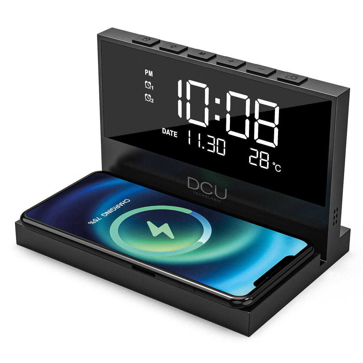 Reloj despertador digital negro con un teléfono inteligente en la base. La hora es 10:08, la fecha 11.30, la temperatura 28°C. Cargando el teléfono.