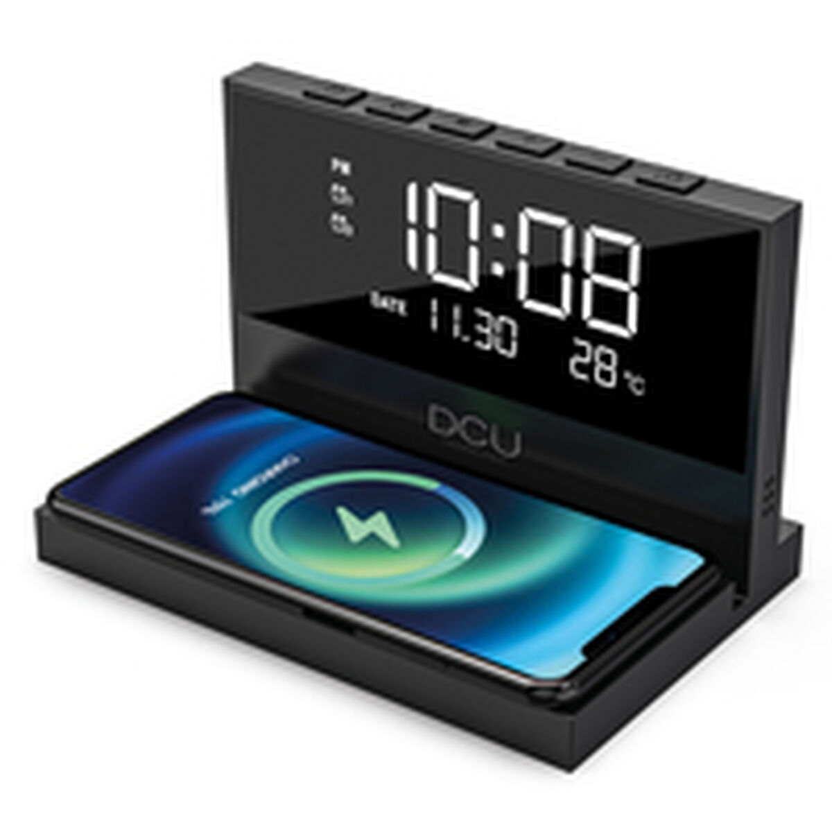 Reloj digital negro que muestra 10:08, 11.30 y 28°C. Un teléfono descansa en la base, mostrando un símbolo de carga.