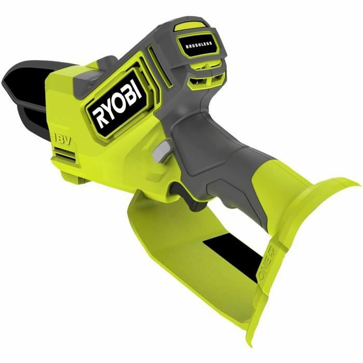 Ein kabelloses 18V-Akku-Elektrowerkzeug von Ryobi. Es ist limettengrün und grau, mit dem 'RYOBI'-Logo. Der Griff sagt 'ONE+'.