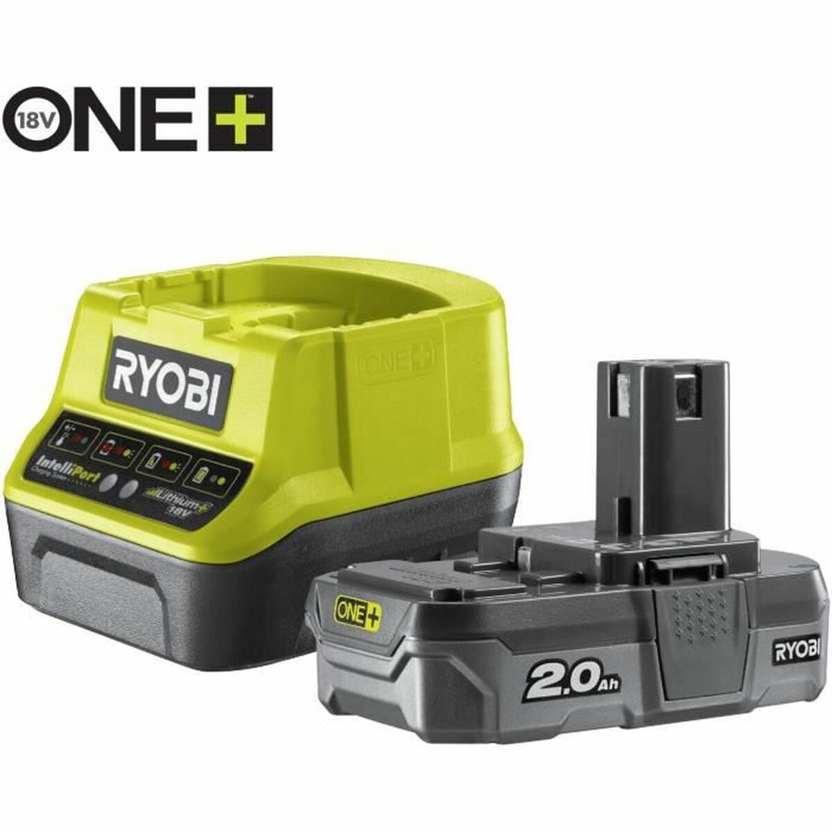 Zwei Ryobi-Elektrowerkzeugbatterien und ein Ladegerät. Ein grünes Ladegerät und eine graue Batterie werden angezeigt. Der Hintergrund ist weiß.