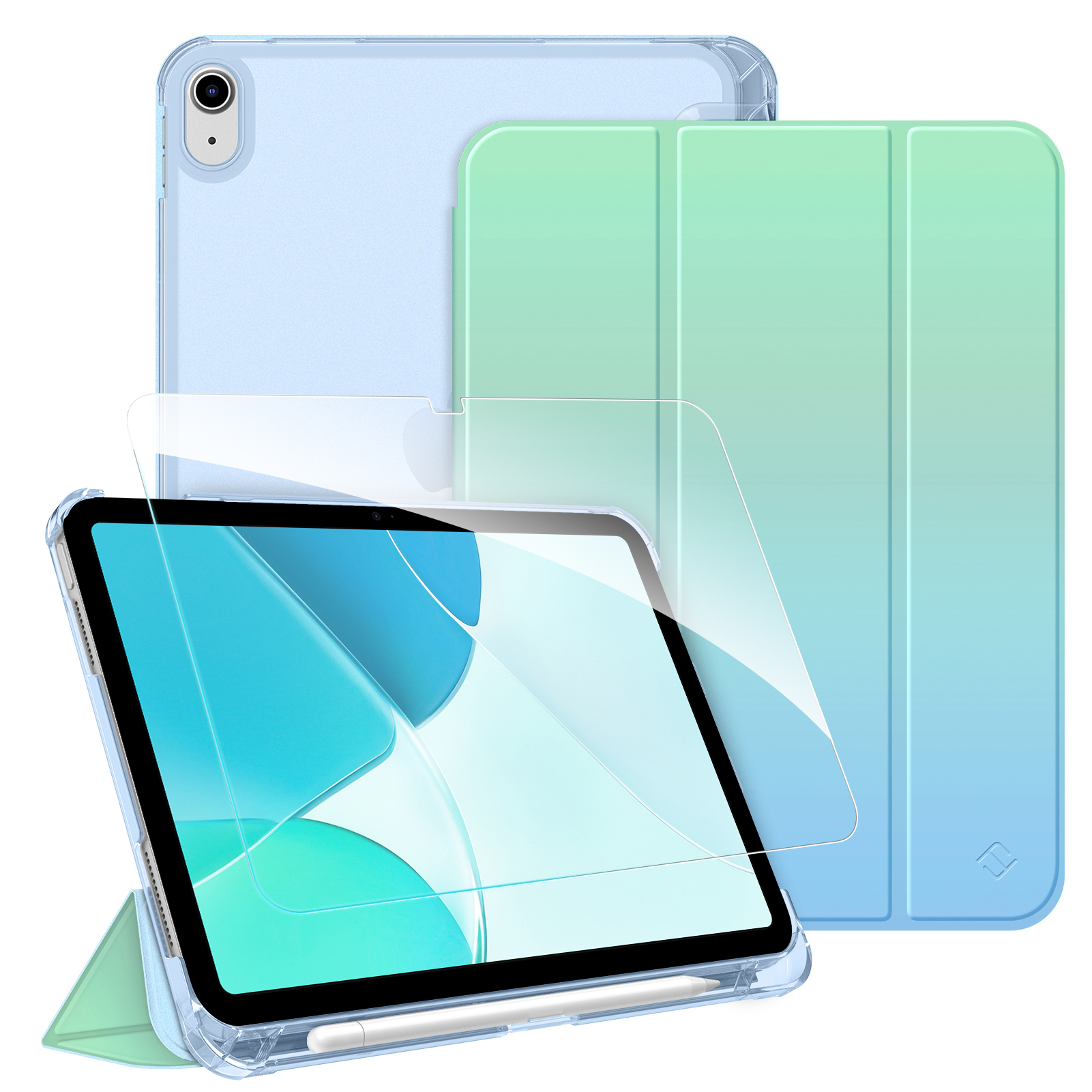 Ein Tablet mit Displayschutz, Hülle und Abdeckung. Das Tablet befindet sich in einer transparenten Hülle, mit einem Stift und einer blau-grünen Abdeckung.