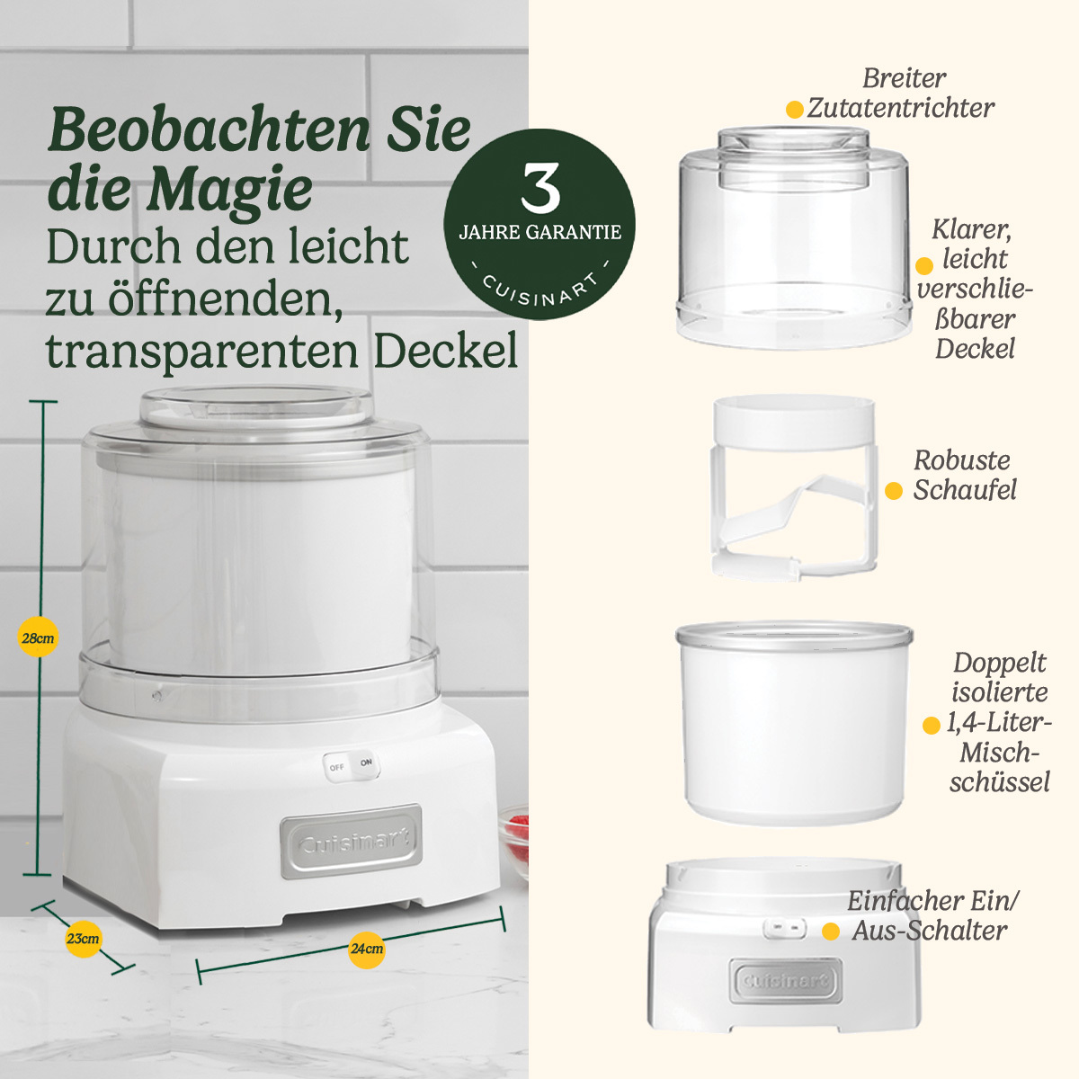 Ein weißer Cuisinart-Eismaschine mit transparentem Deckel. Merkmale sind ein breiter Zutaten-Trichter, ein robuster Rührpaddel und eine doppelwandige Schüssel.