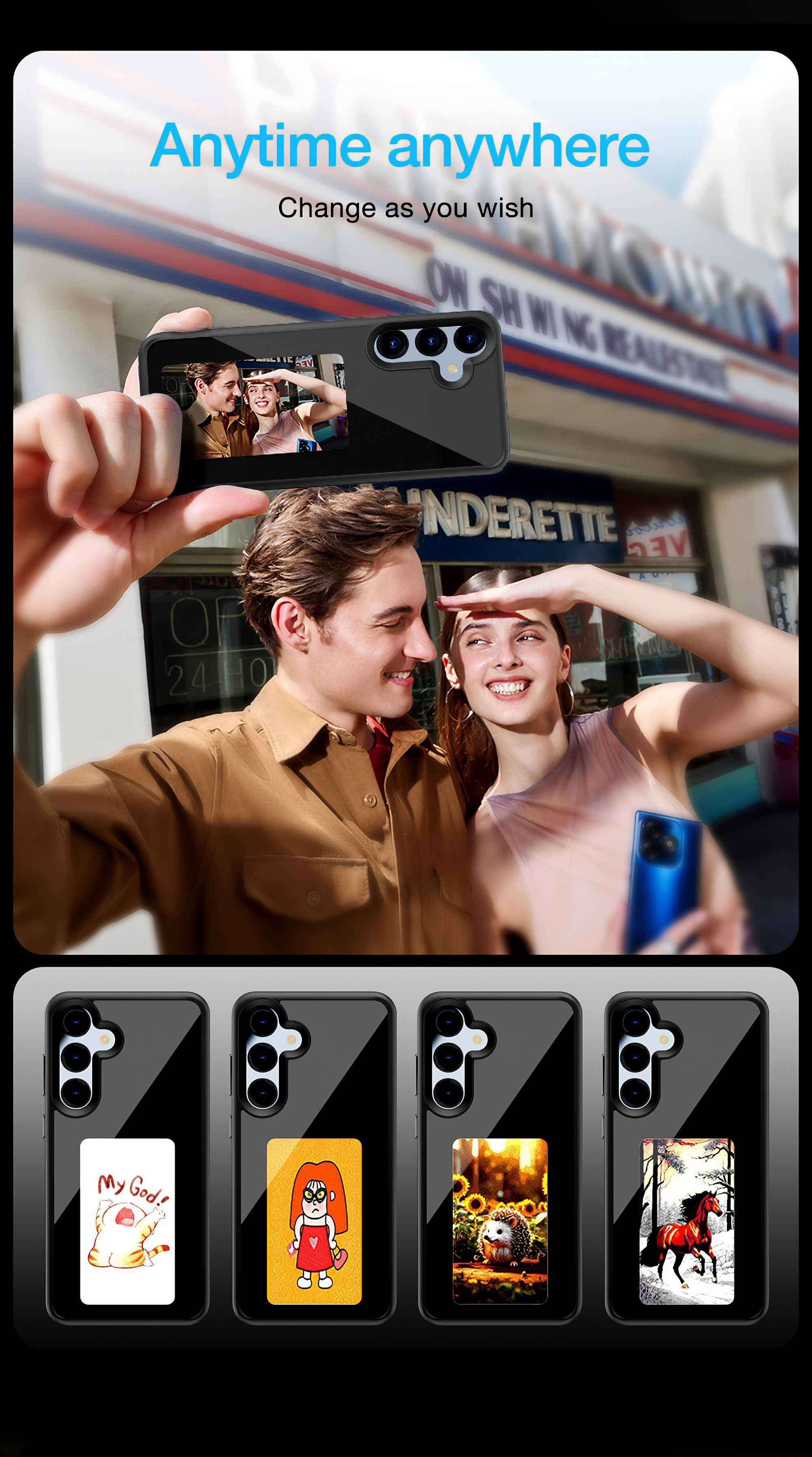 Eine Person hält ein Handy mit einem Bild von zwei Personen. Darunter werden vier Handys mit verschiedenen Aufklebern angezeigt.