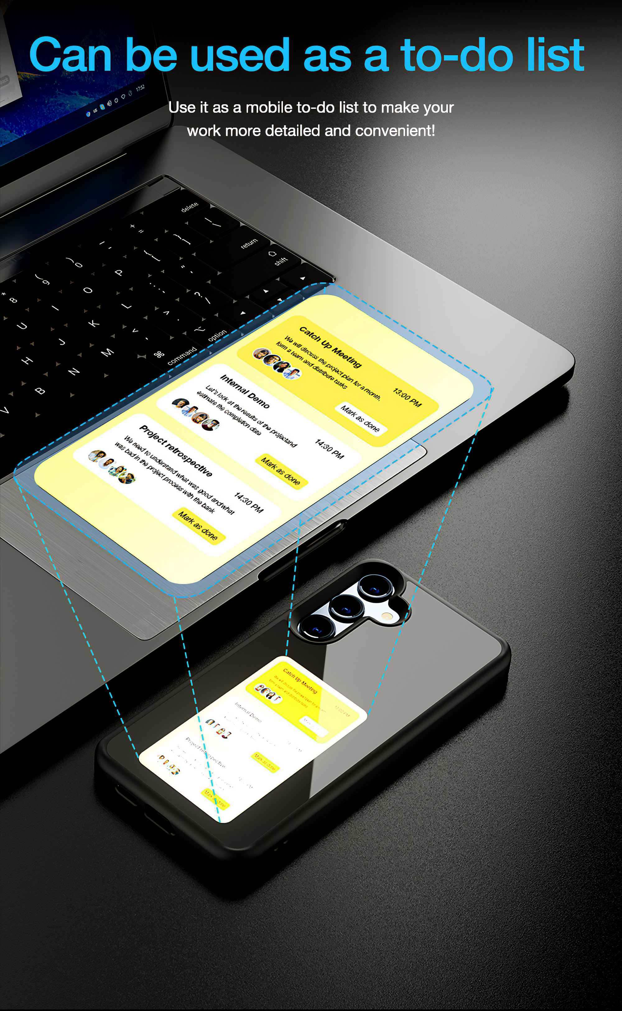 Ein Laptop mit einem Telefon, das eine To-Do-Liste anzeigt. Das Telefon liegt auf einem anderen Telefon.