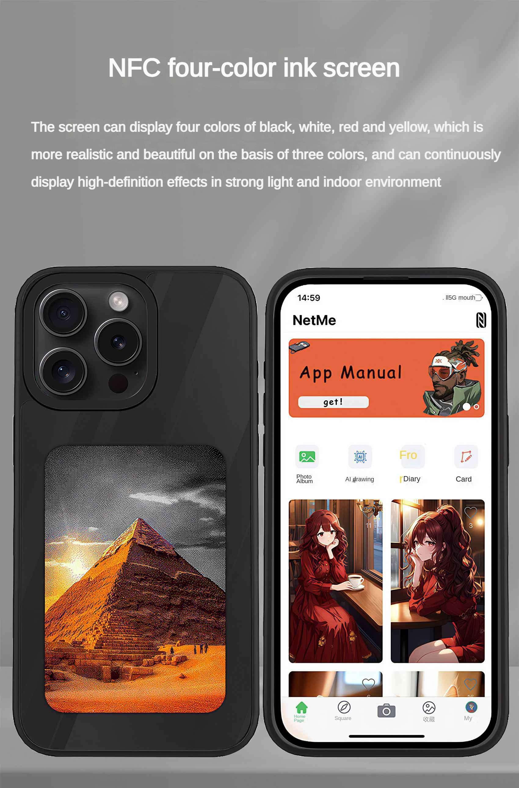 Schwarze Handyhülle mit Pyramidenbild. Telefon zeigt App-Oberfläche mit Frauenillustrationen und Symbolen.