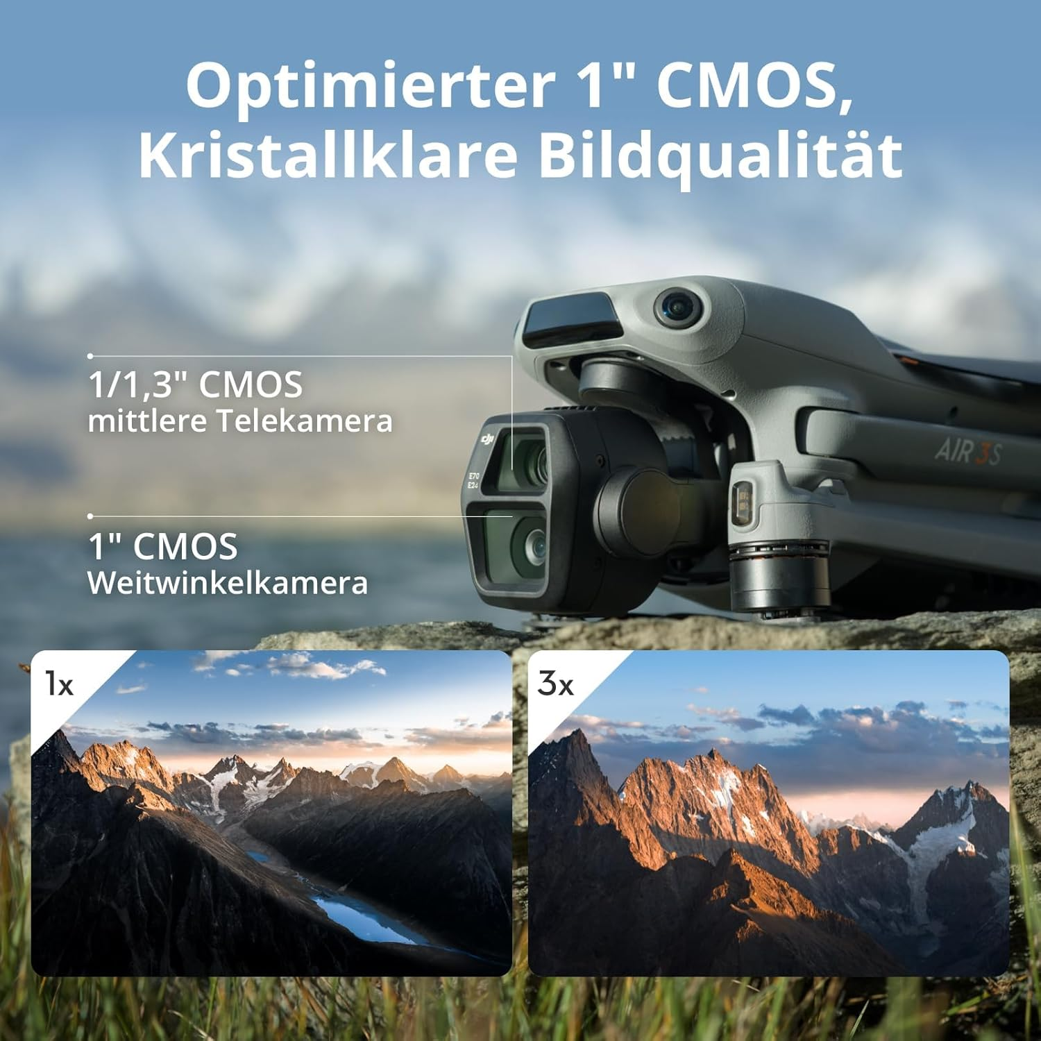 Drohne mit Kamera. Zwei Landschaftsfotos zeigen Berge. Text auf Deutsch: 'Optimierter 1" CMOS, Kristallklare Bildqualität'.