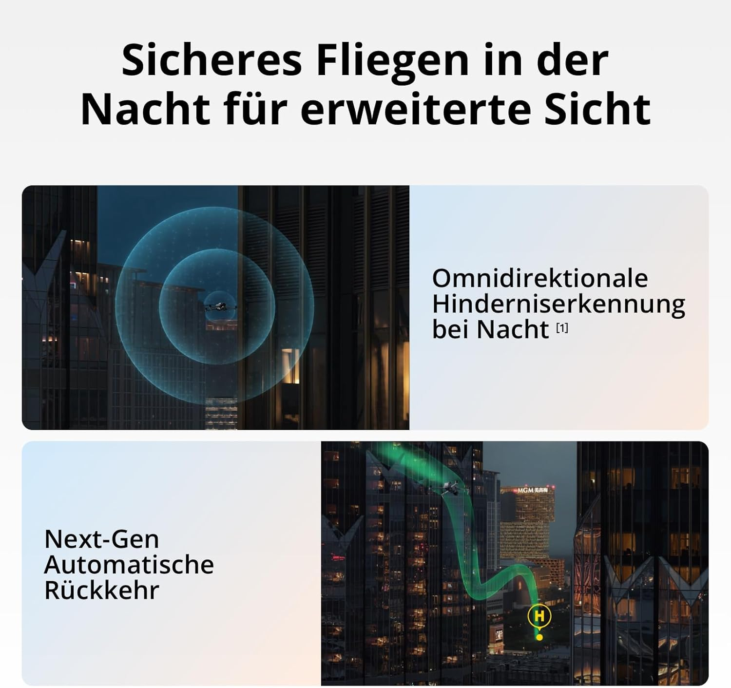 Das Bild zeigt Nachtflugfunktionen. Eine Drohne navigiert zwischen Stadtgebäuden. Text sagt 'Next-Gen Automatic Return' und 'Nacht-Hinderniserkennung'.