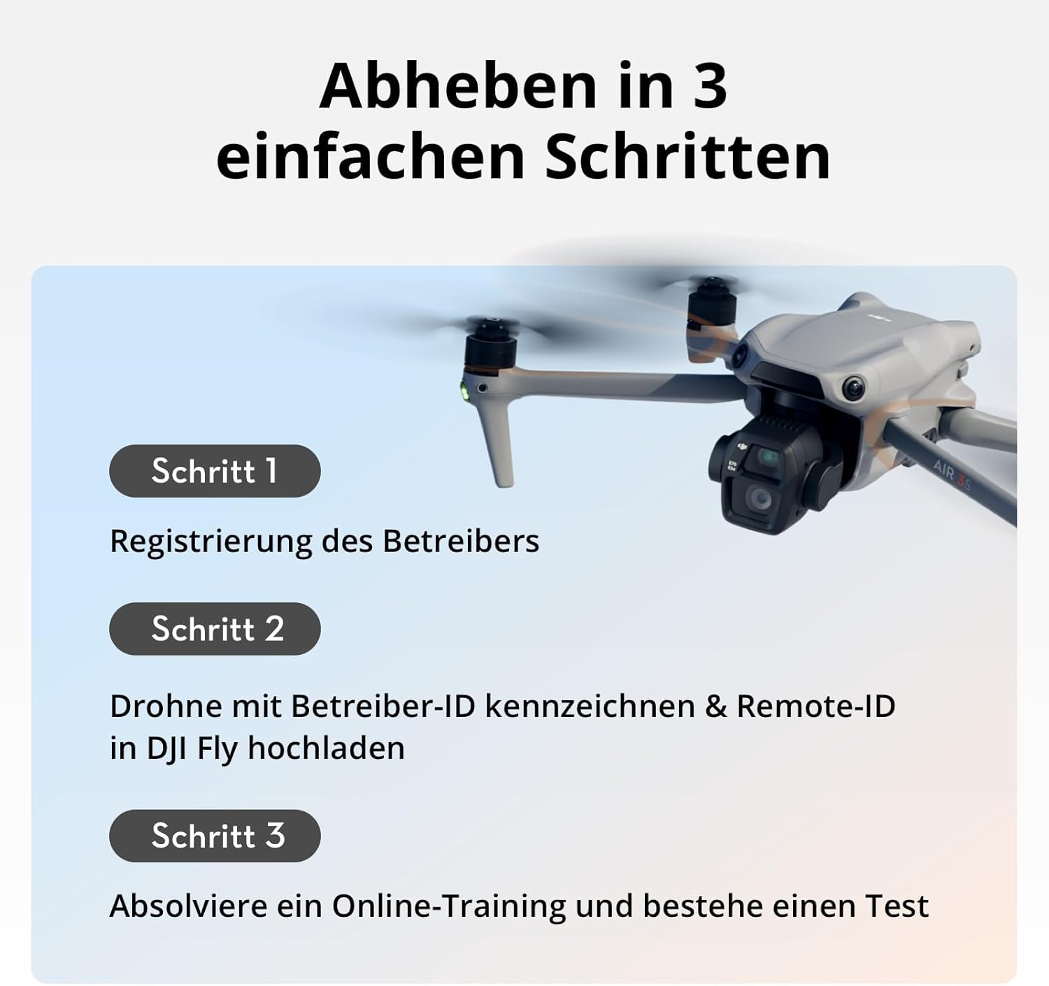 Bild zeigt Drohne mit Text zu 3 Schritten: Registrieren, Drohne kennzeichnen, Online-Training.