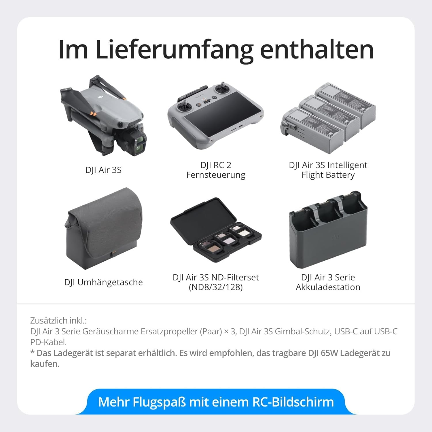 Das Bild zeigt eine DJI Air 3S Drohne, RC 2 Fernbedienung, Batterien, Tasche, Filtersatz und Ladestation. Text enthält Produktdetails.