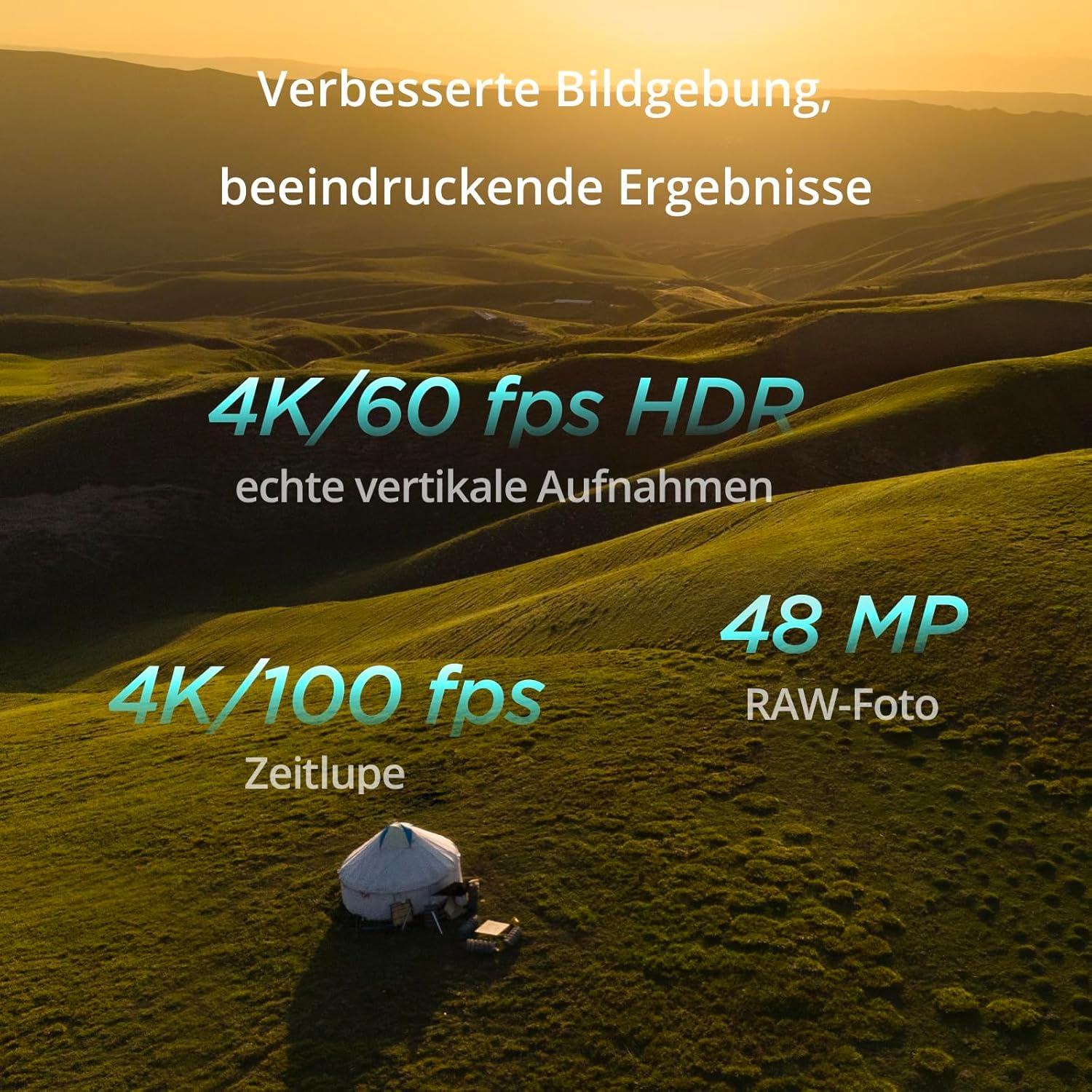 Grüne Hügel mit Text, der Video- und Fotofunktionen beschreibt. In der Mitte des Feldes steht eine Jurte.