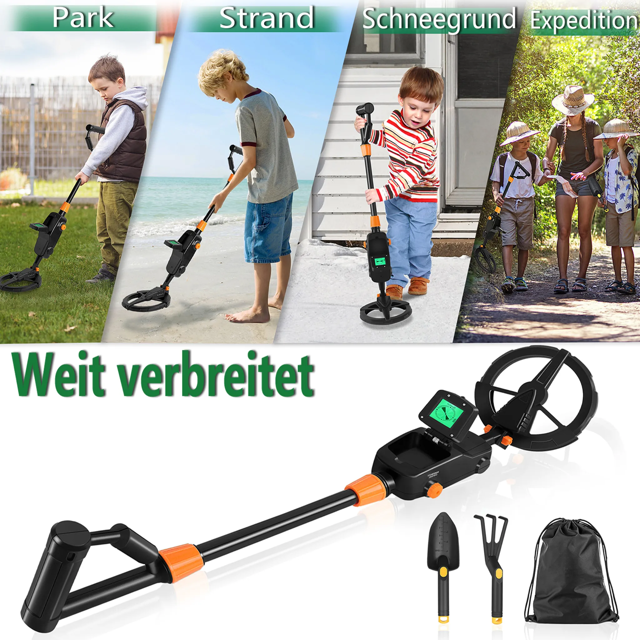 Das Bild zeigt Kinder, die Metalldetektoren in verschiedenen Umgebungen wie einem Park, Strand, Schnee und einem Wald verwenden. Der Metalldetektor ist schwarz und orange.