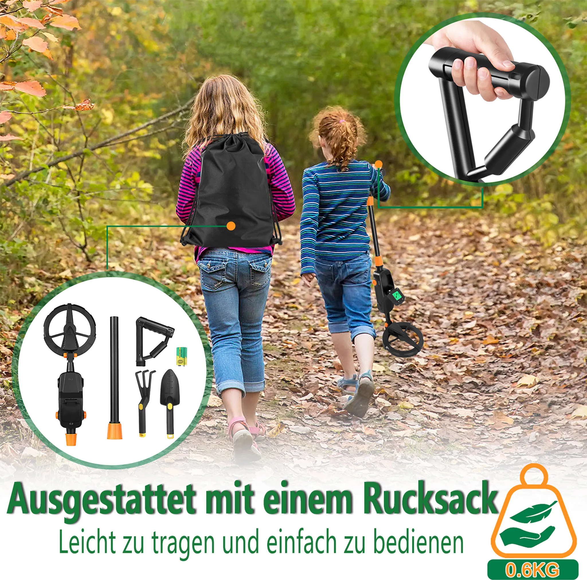 Zwei Kinder mit Rucksäcken gehen in einem Wald. Eines hält einen Metalldetektor. Andere Werkzeuge sind ebenfalls abgebildet.