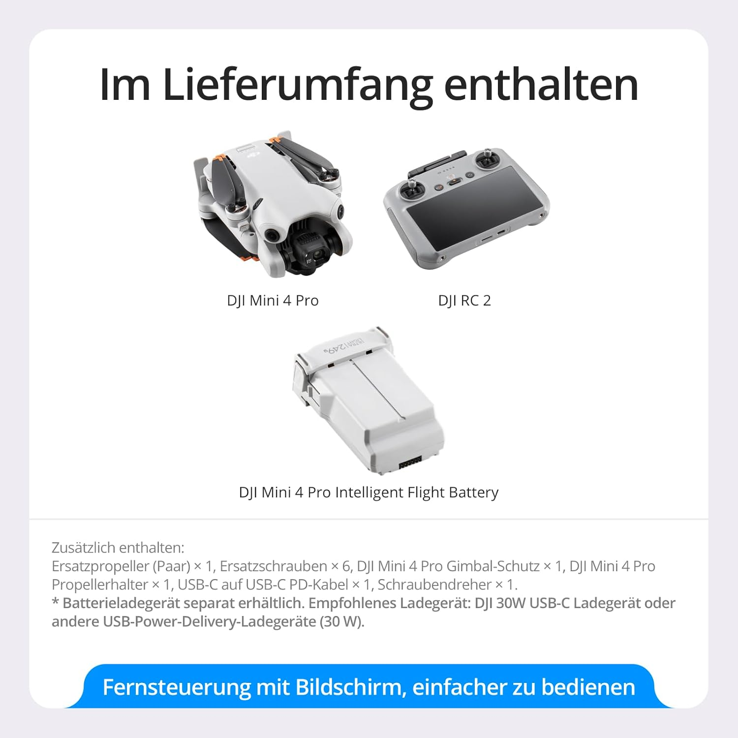 Das Bild zeigt die DJI Mini 4 Pro Drohne, die DJI RC 2 Fernbedienung und einen Akku. Text zeigt enthaltene Artikel und Funktionen.