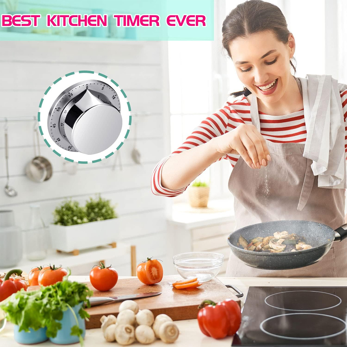 Frau kocht in der Küche, gibt Salz in Essen in einer Pfanne. Gemüse und ein Timer sind zu sehen. Der Text lautet 'Best Kitchen Timer Ever'.