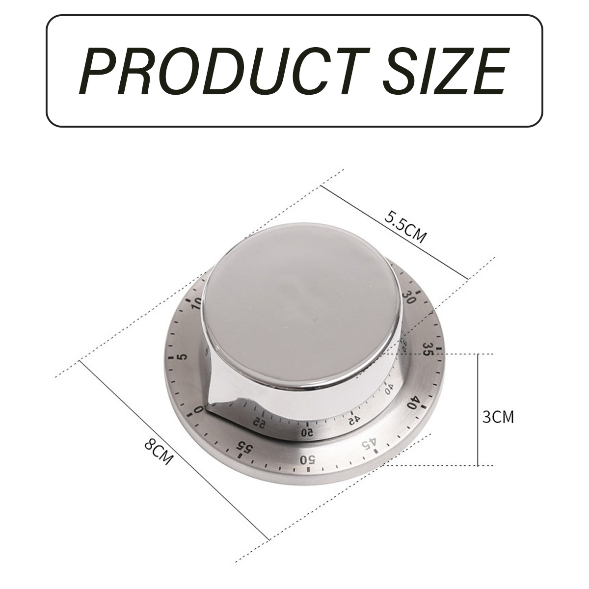 Ein Küchenwecker aus Edelstahl mit Größenangaben. Er zeigt 8 cm, 5,5 cm und 3 cm. Der Text oben lautet 'PRODUCT SIZE'.