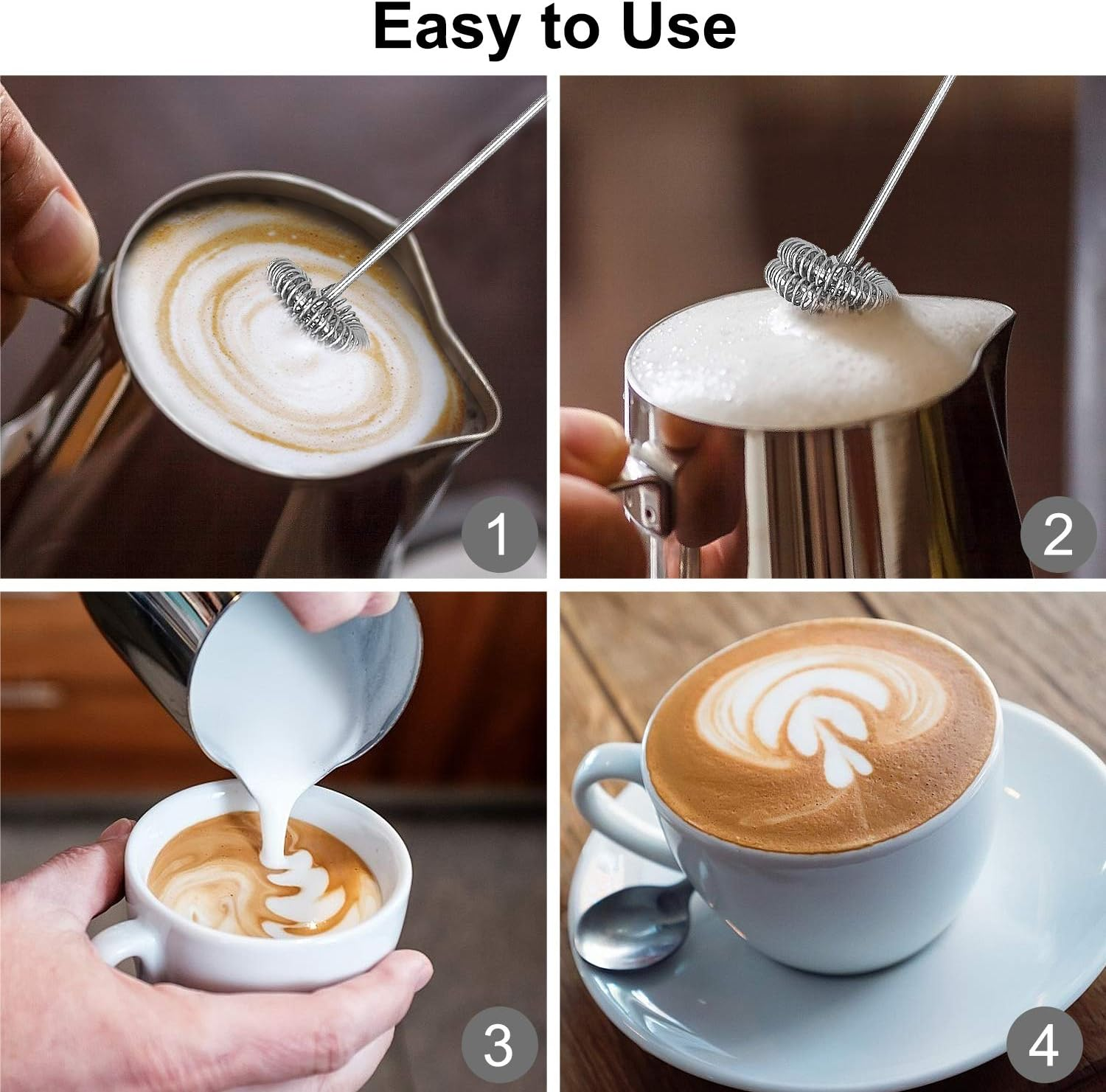 Vier Bilder zeigen die Kaffeezubereitung: Milch aufschäumen, Milch in Kaffee gießen und ein fertiger Latte mit Kunst.