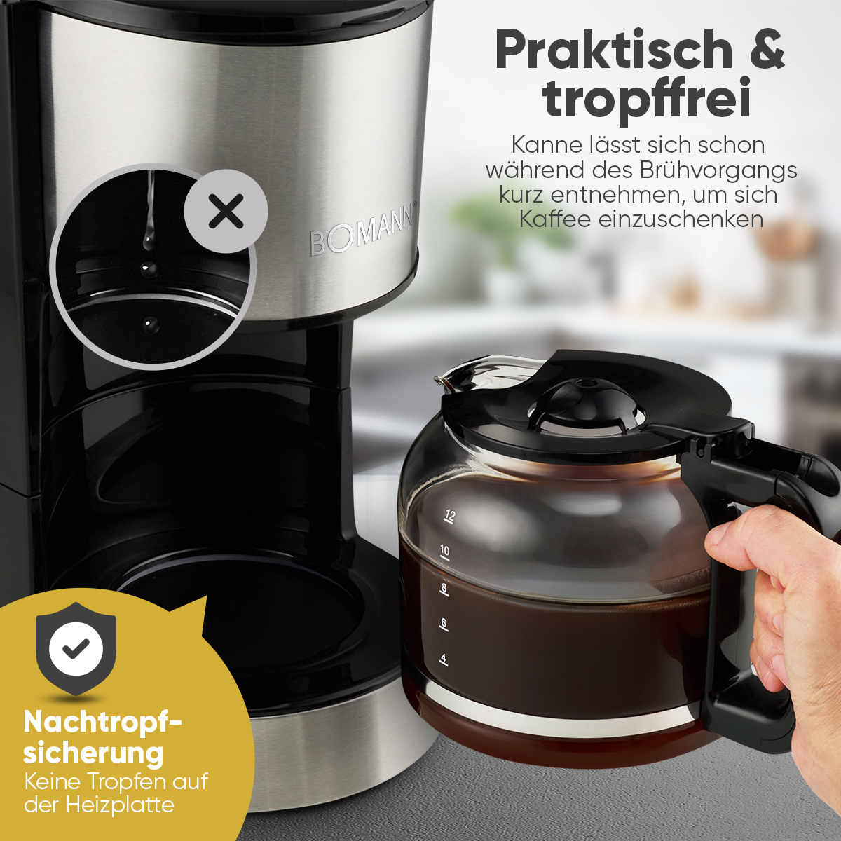 Kaffeemaschine mit Kaffeekanne. Text zeigt Tropf-Stopp-Funktion. Eine Hand hält die Kanne.