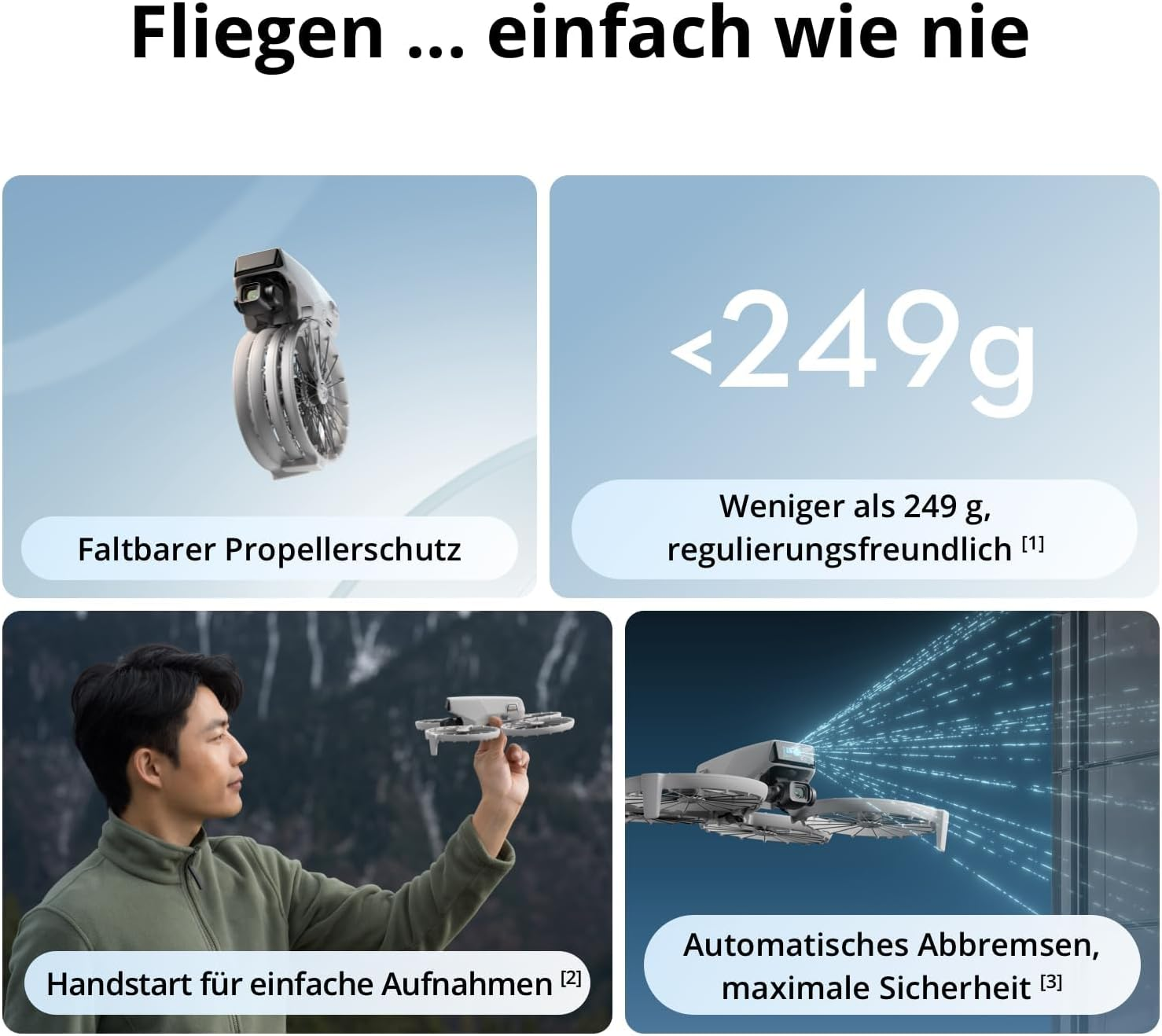 Das Bild zeigt Drohnenmerkmale: Propellerschutz, Gewicht unter 249g, Handstart und automatisches Bremsen. Ein Mann hält eine Drohne.