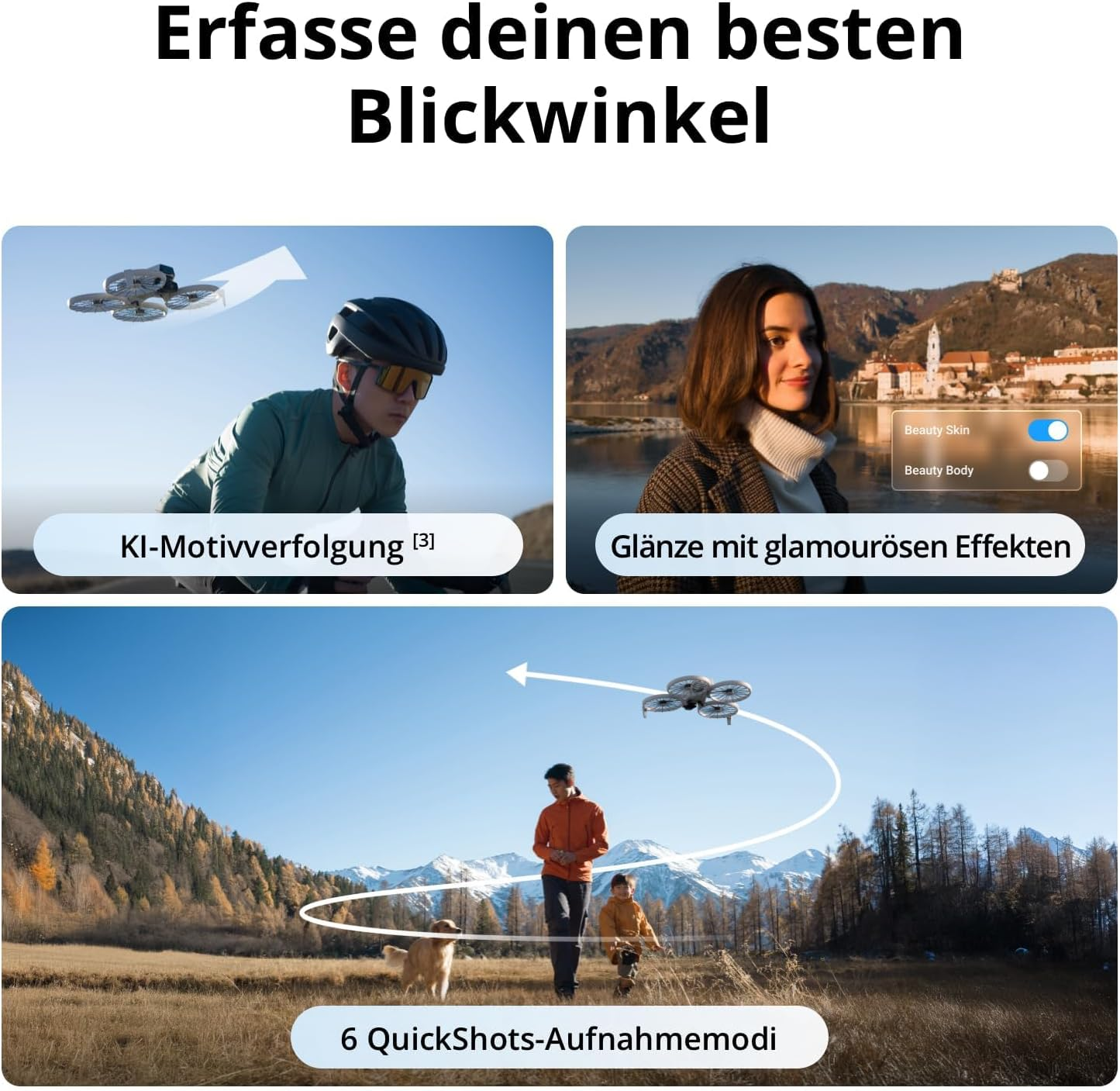 Das Bild zeigt eine Drohne, einen Radfahrer und Text. Andere Bilder zeigen eine Frau in der Nähe eines Flusses und einen Mann mit Kind und Hund.