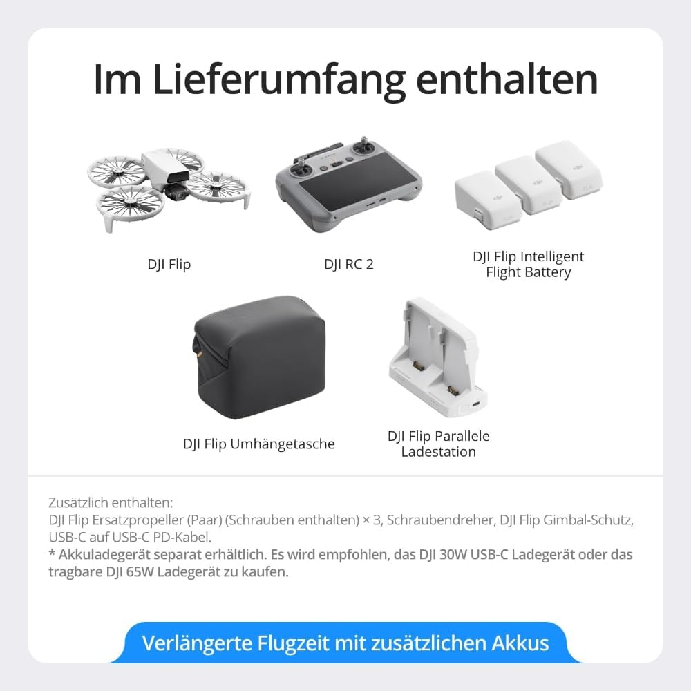 Görüntüde DJI Flip drone, RC 2 uzaktan kumandası, piller, taşıma çantası ve şarj istasyonu görülüyor. Metin: teslimata dahil.