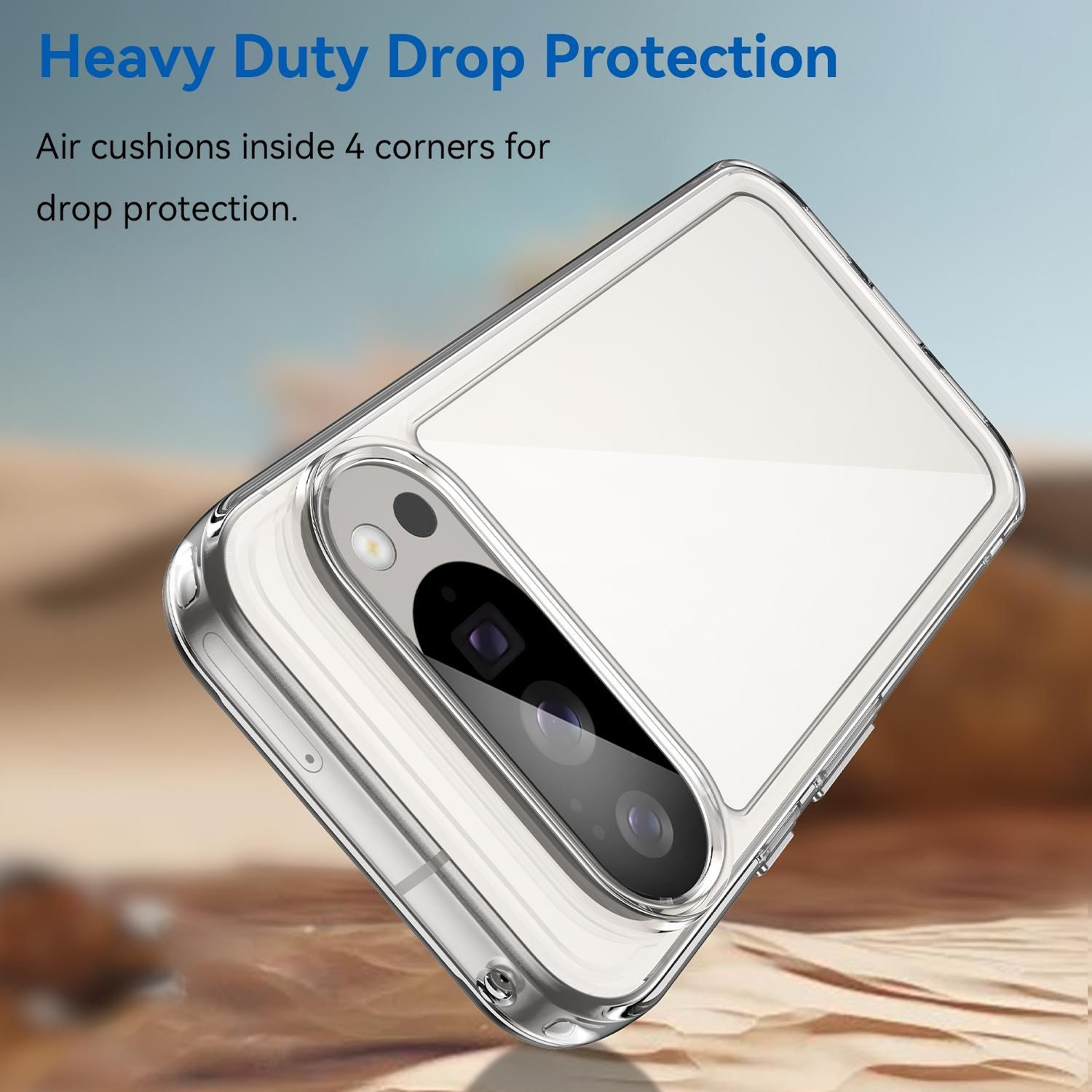 Transparente Handyhülle mit Luftkissen. Die Handyhülle liegt auf einer braunen Oberfläche. Text oben: "Heavy Duty Drop Protection".