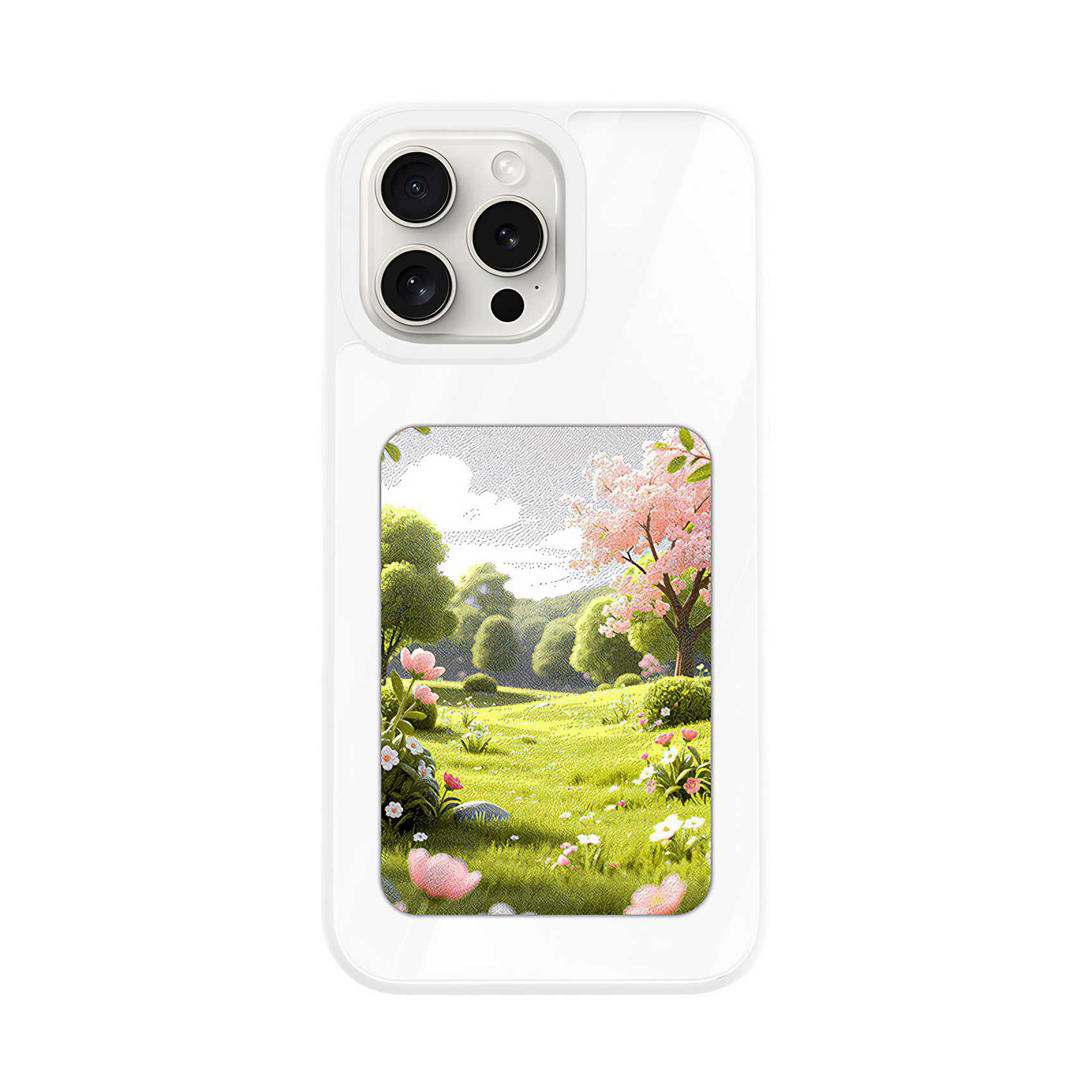 Eine Handyhülle zeigt eine Parkszene. Rosa Kirschblütenbäume, grünes Gras und weiße Wolken füllen das Bild.
